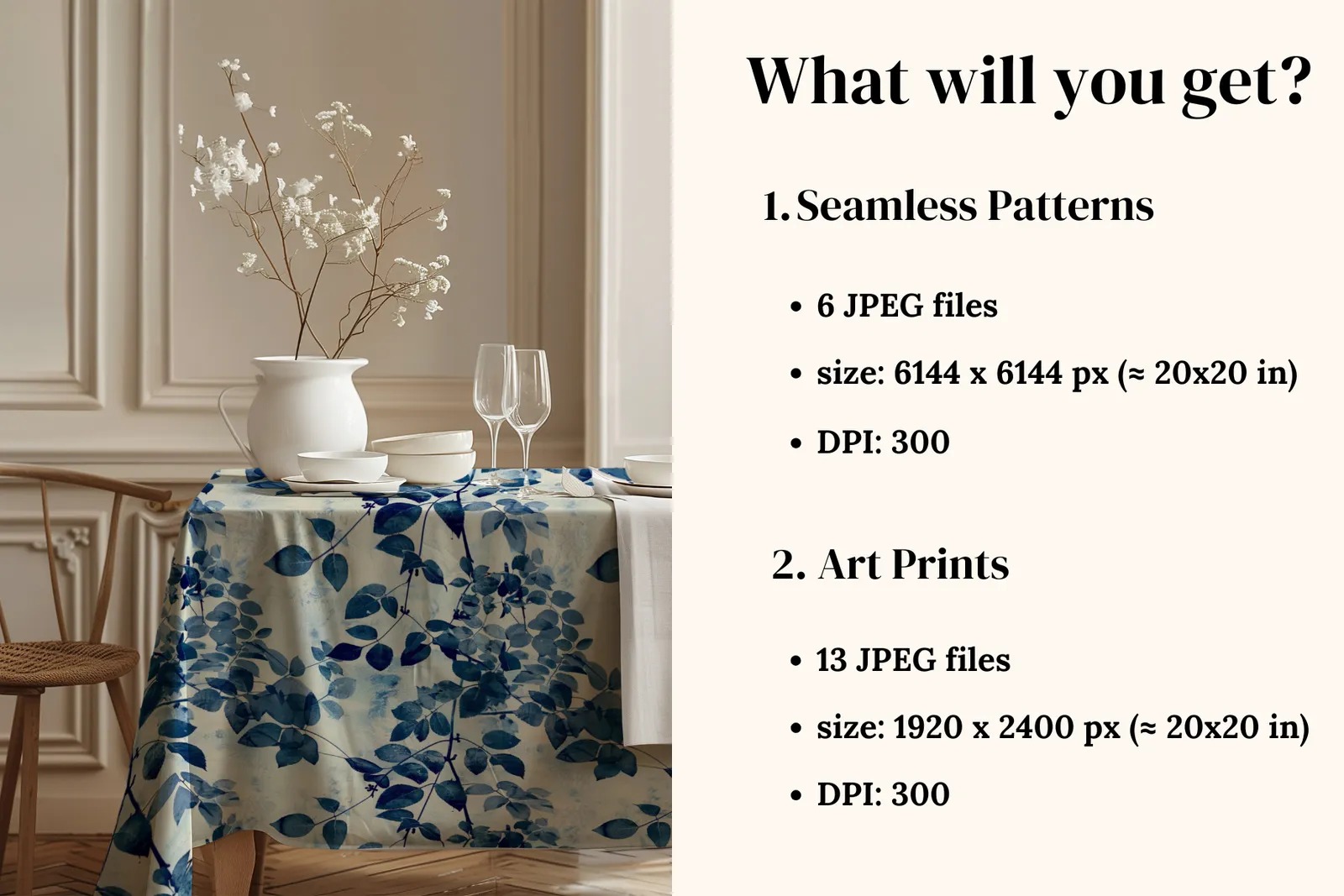 Light Blue Cyanotype Set: A set of 6 seamless cyanotype patterns paired with 13 botanical art prints. - 2