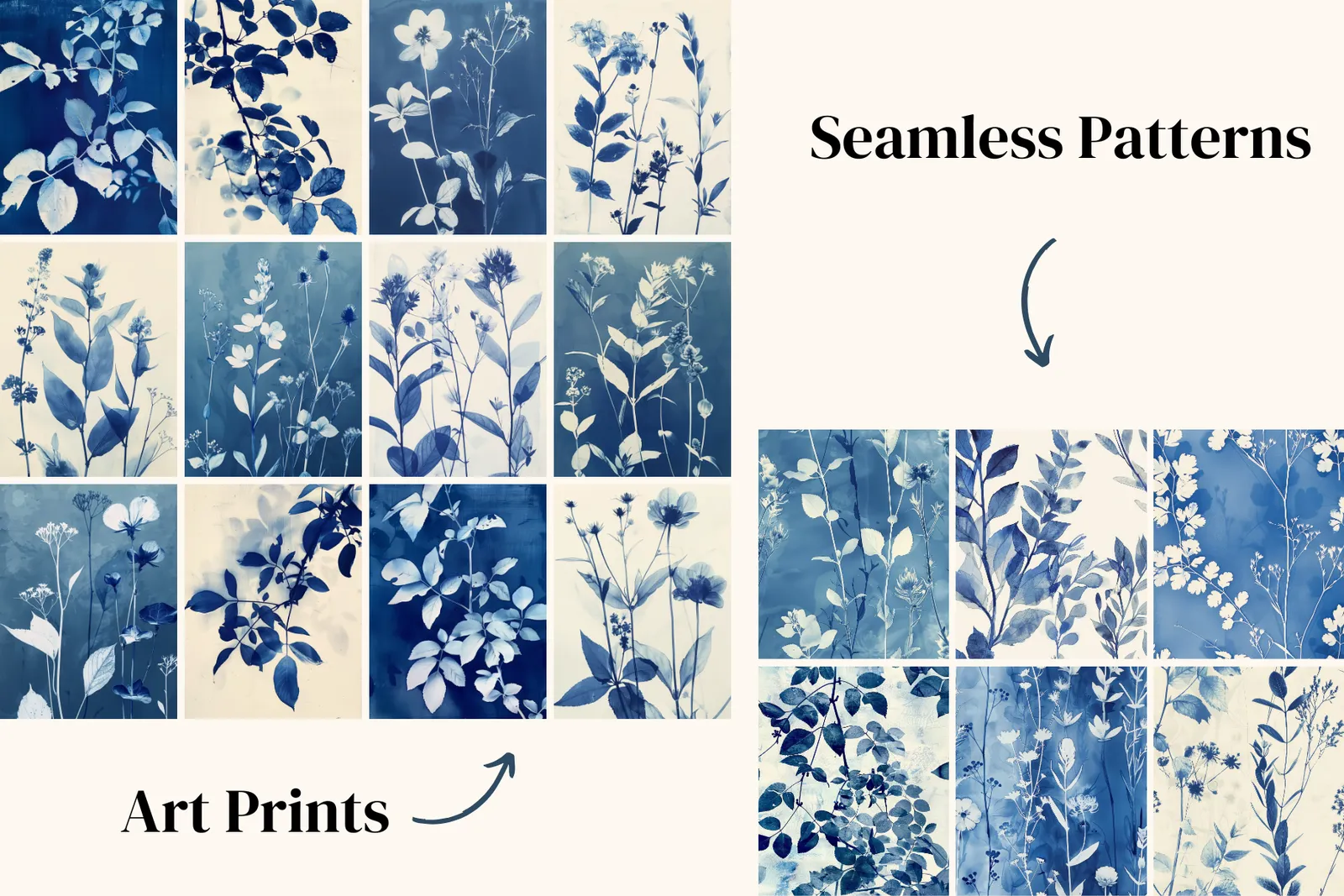 Light Blue Cyanotype Set: A set of 6 seamless cyanotype patterns paired with 13 botanical art prints. - 3
