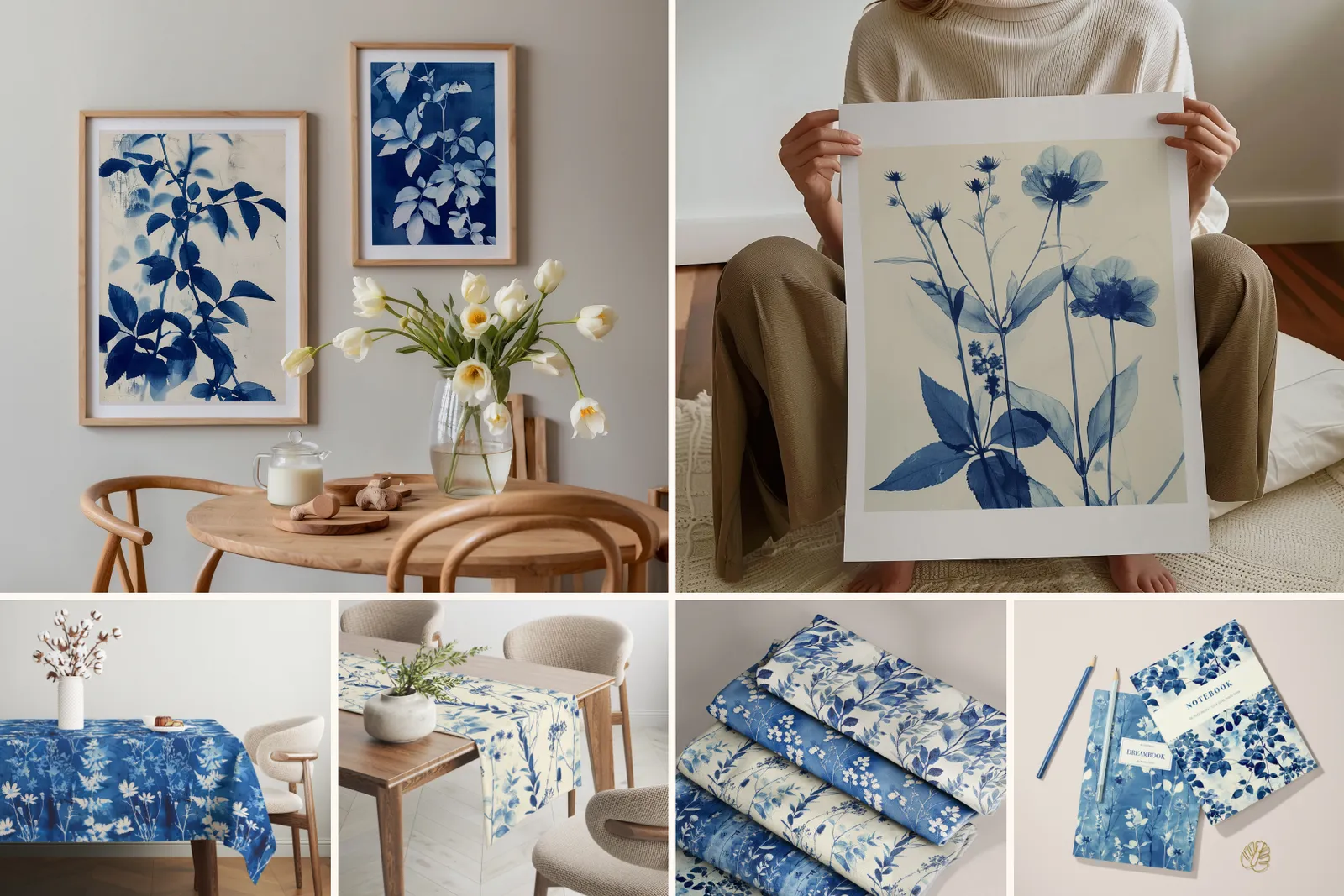 Light Blue Cyanotype Set: A set of 6 seamless cyanotype patterns paired with 13 botanical art prints. - 4