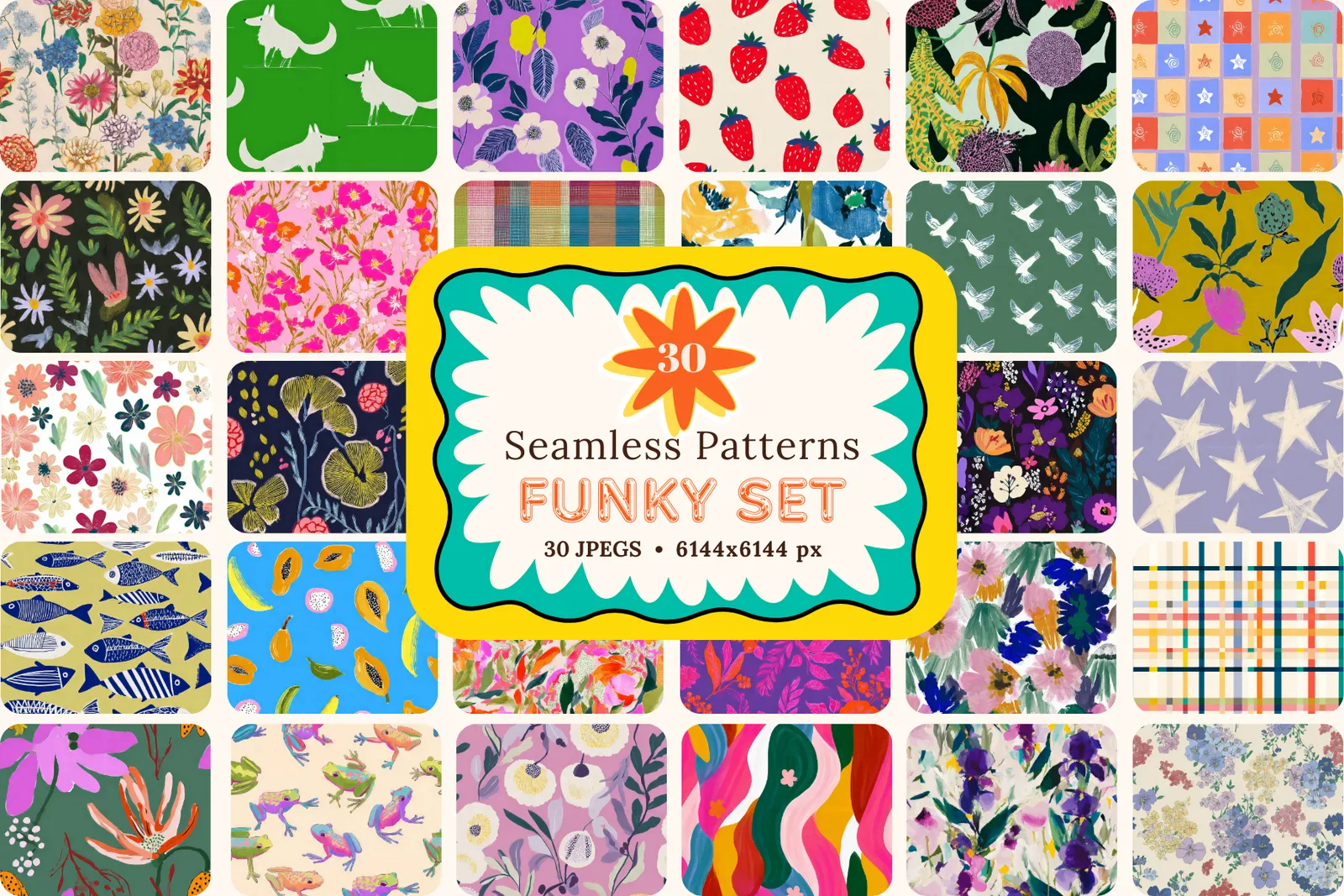 Funky Set: Fun and vibrant seamless patterns with bold, playful designs. - image 1