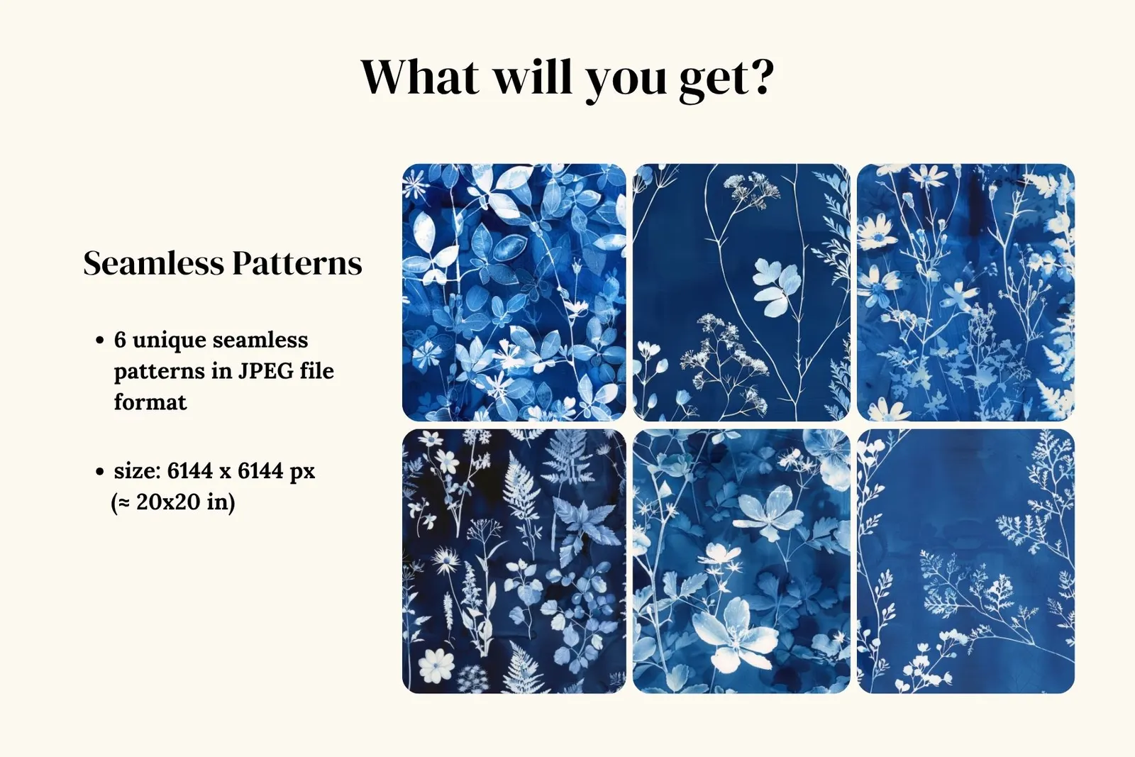 Cyanotype Floral Set - Part 3: A set of 6 original cyanotype-inspired seamless patterns in deep blue botanical tones. - image 2