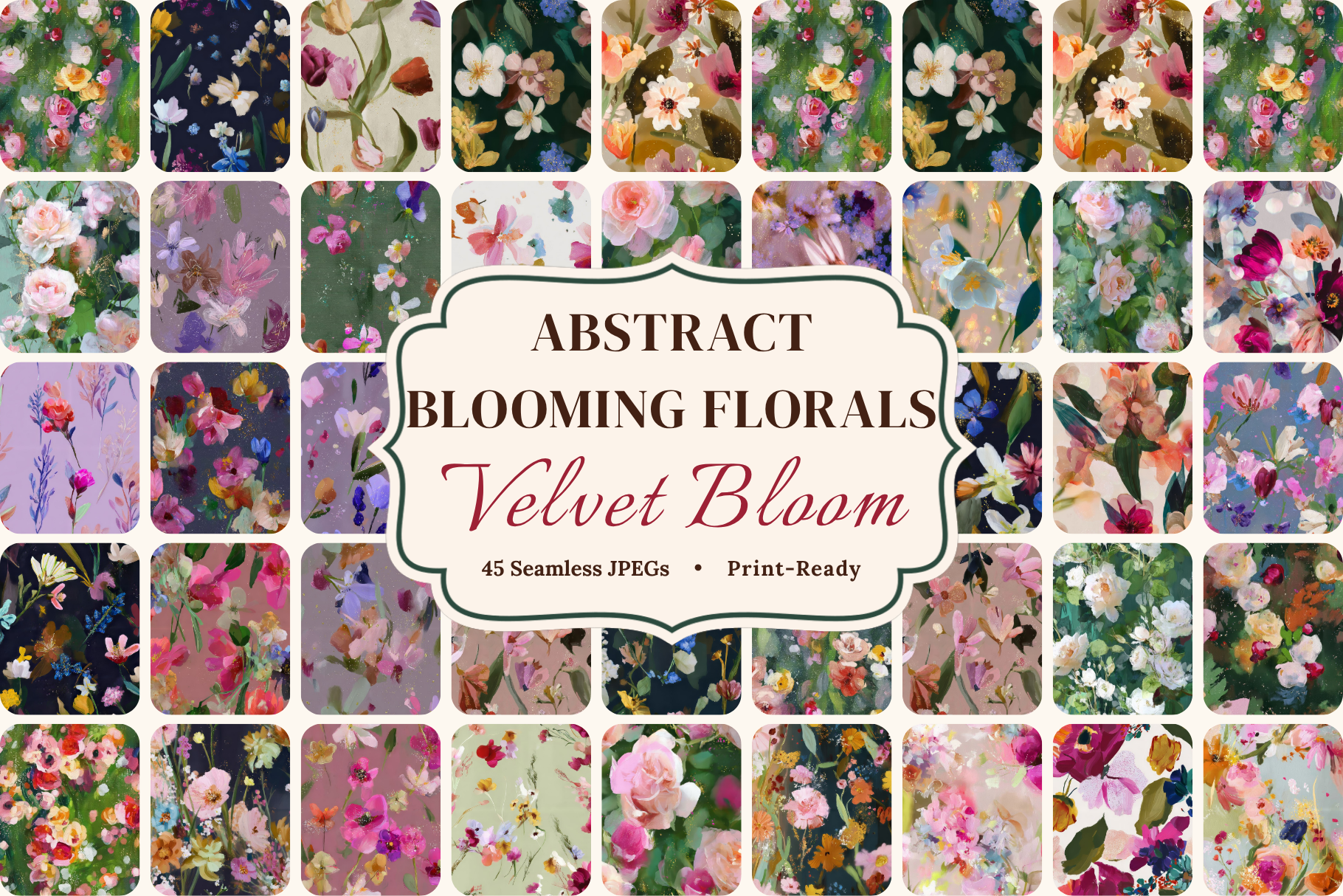 Velvet Bloom - Abstract Blooming Florals: A bold, painterly collection of 45 seamless patterns, made for designers who want color and life in every tile. - image 1