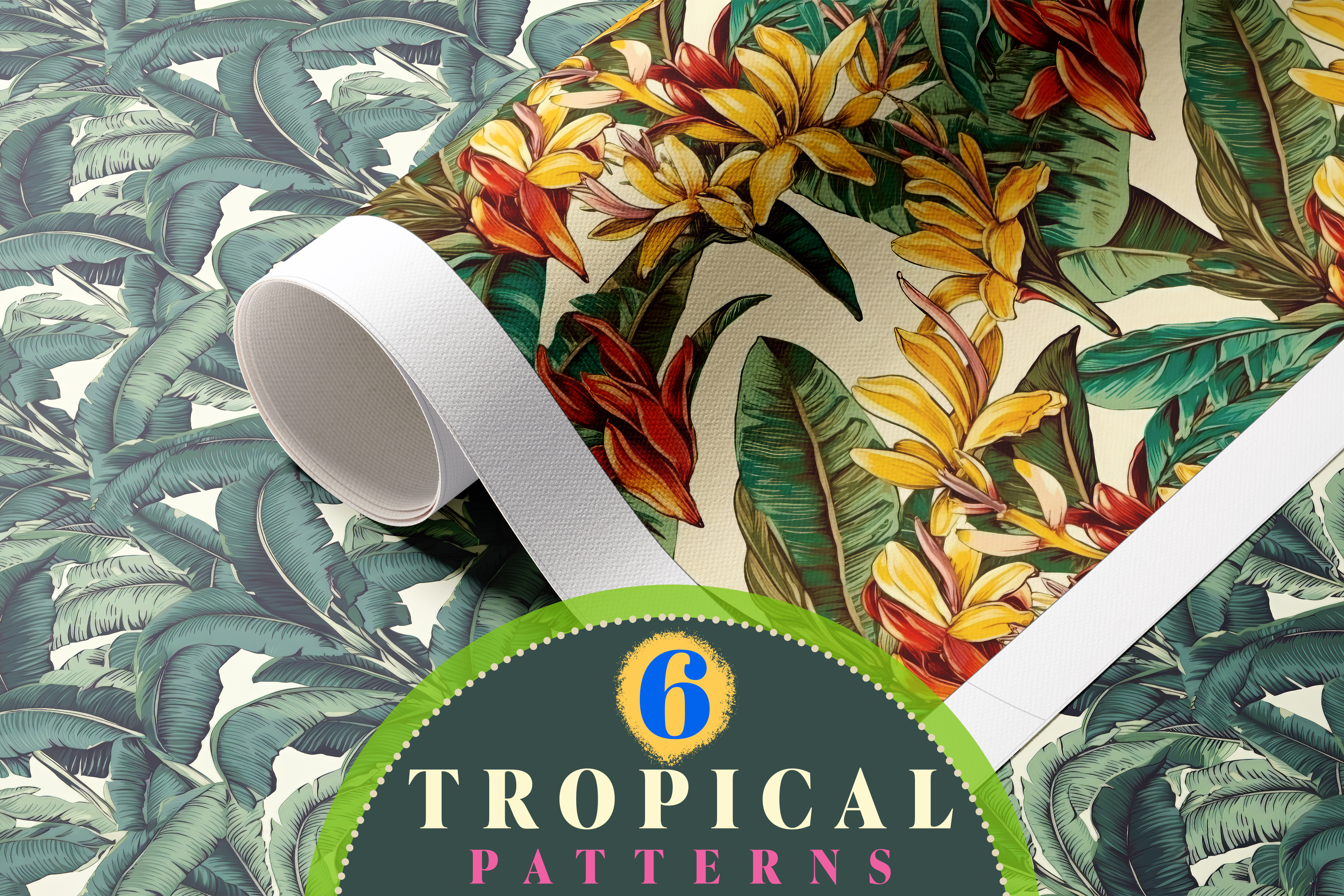 Tropical Paradise: A set of 6 lush tropical seamless patterns featuring banana leaves, bird of paradise, and exotic florals in rich greens and warm botanical tones. - image 1