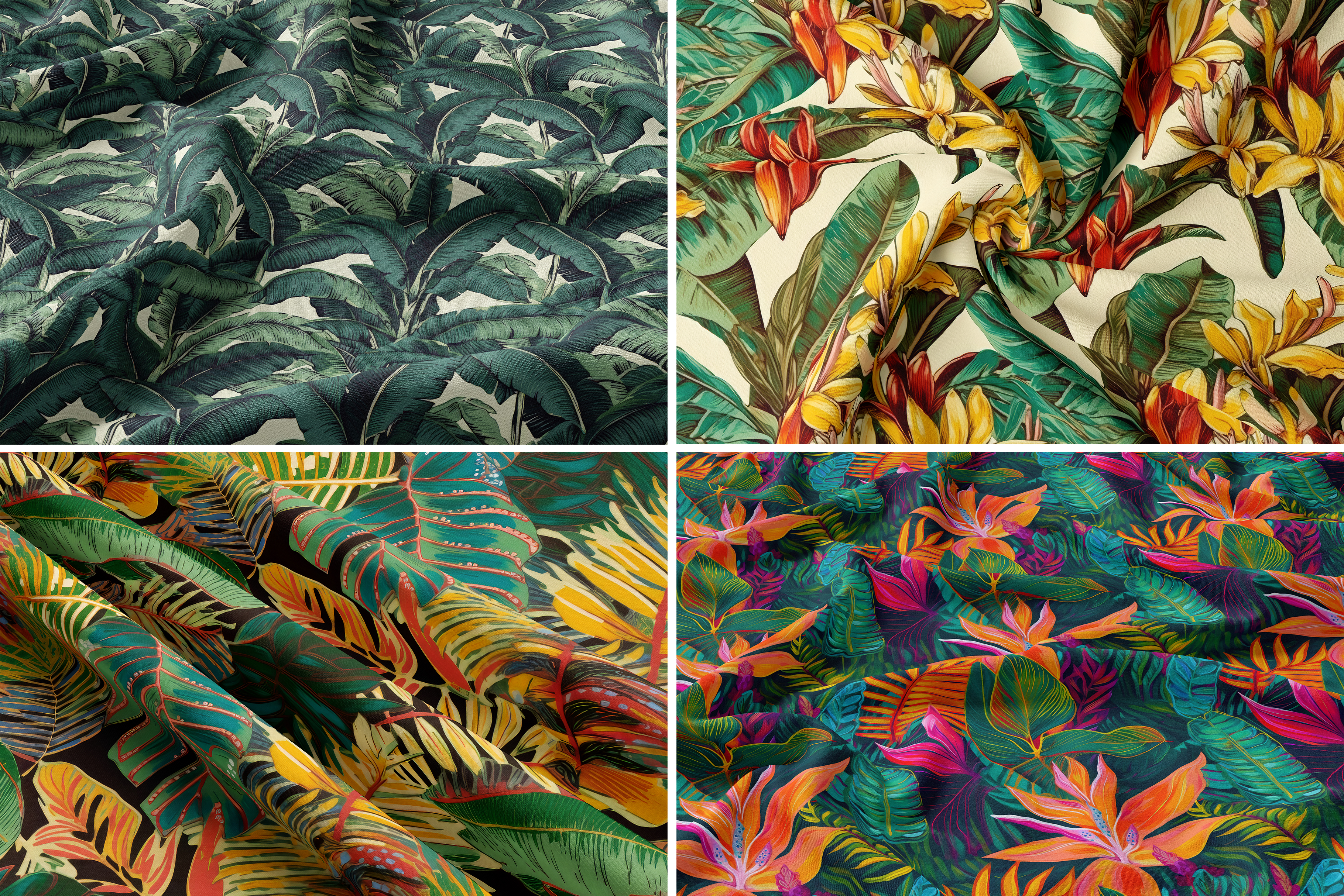 Tropical Paradise: A set of 6 lush tropical seamless patterns featuring banana leaves, bird of paradise, and exotic florals in rich greens and warm botanical tones. - 16