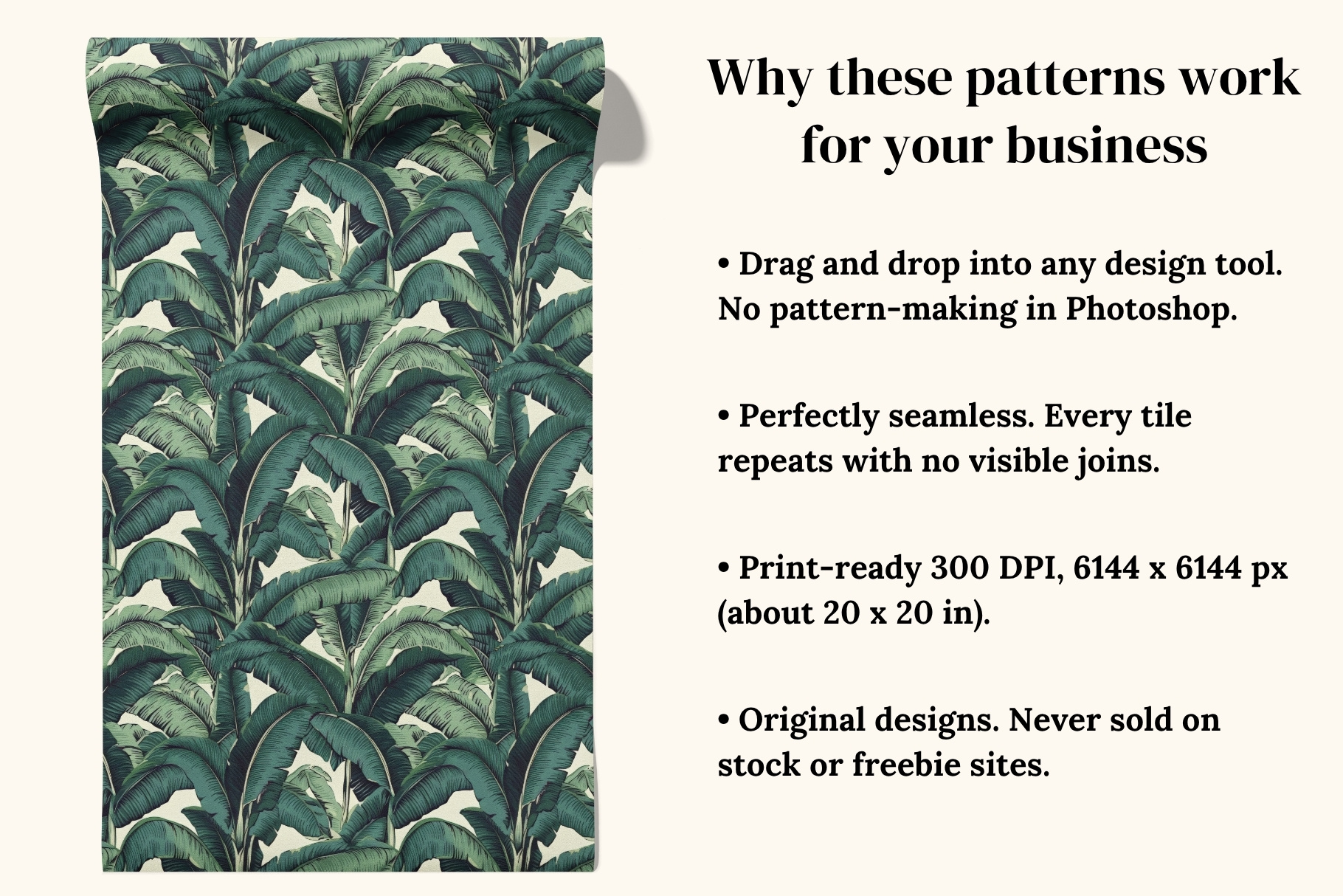 Tropical Paradise: A set of 6 lush tropical seamless patterns featuring banana leaves, bird of paradise, and exotic florals in rich greens and warm botanical tones. - 2