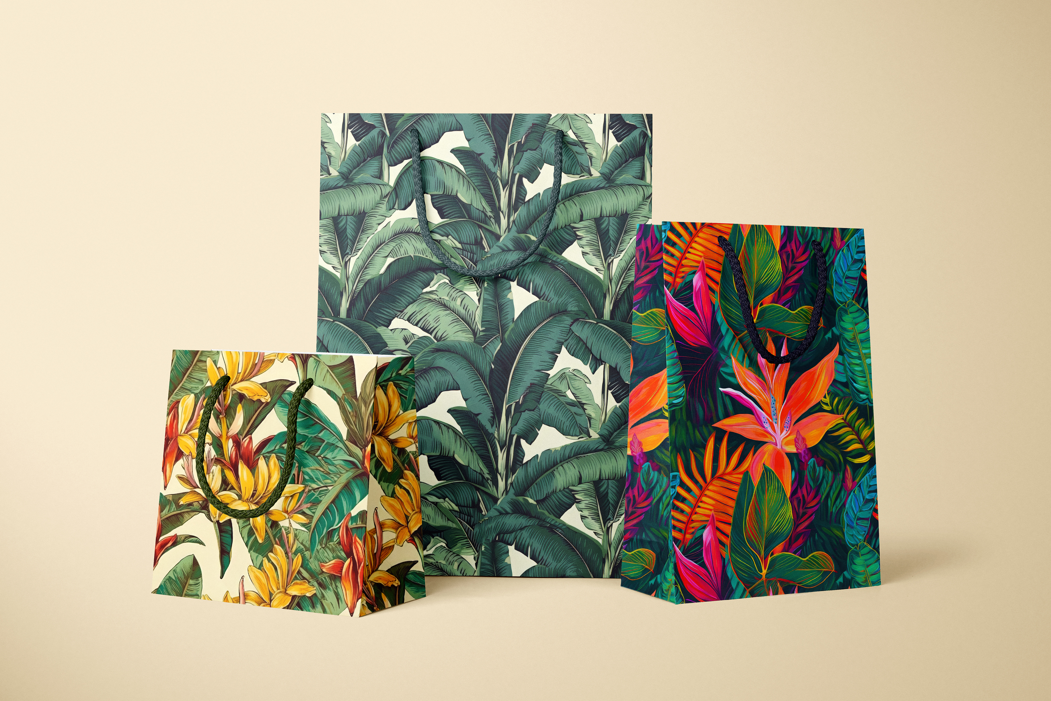 Tropical Paradise: A set of 6 lush tropical seamless patterns featuring banana leaves, bird of paradise, and exotic florals in rich greens and warm botanical tones. - 6