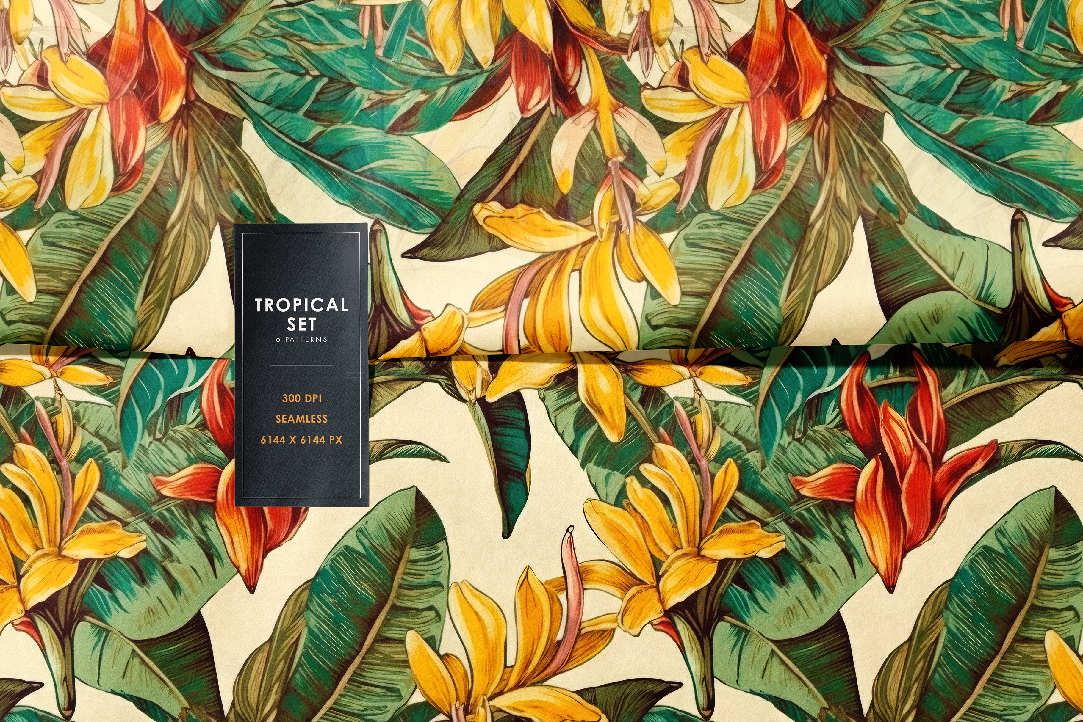 Tropical Paradise: A set of 6 lush tropical seamless patterns featuring banana leaves, bird of paradise, and exotic florals in rich greens and warm botanical tones. - 7