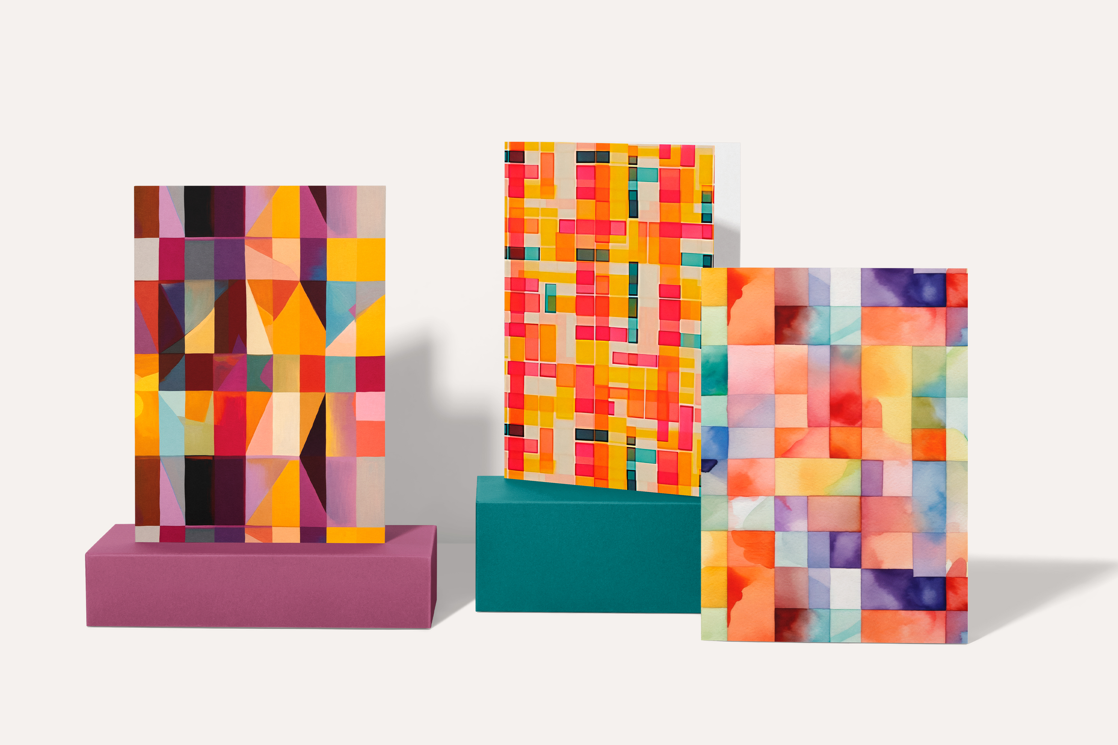 Geometric Mosaic: A set of 7 colorful geometric seamless patterns built from painterly mosaic blocks and angular shapes in vibrant jewel tones and soft pastels. - 10