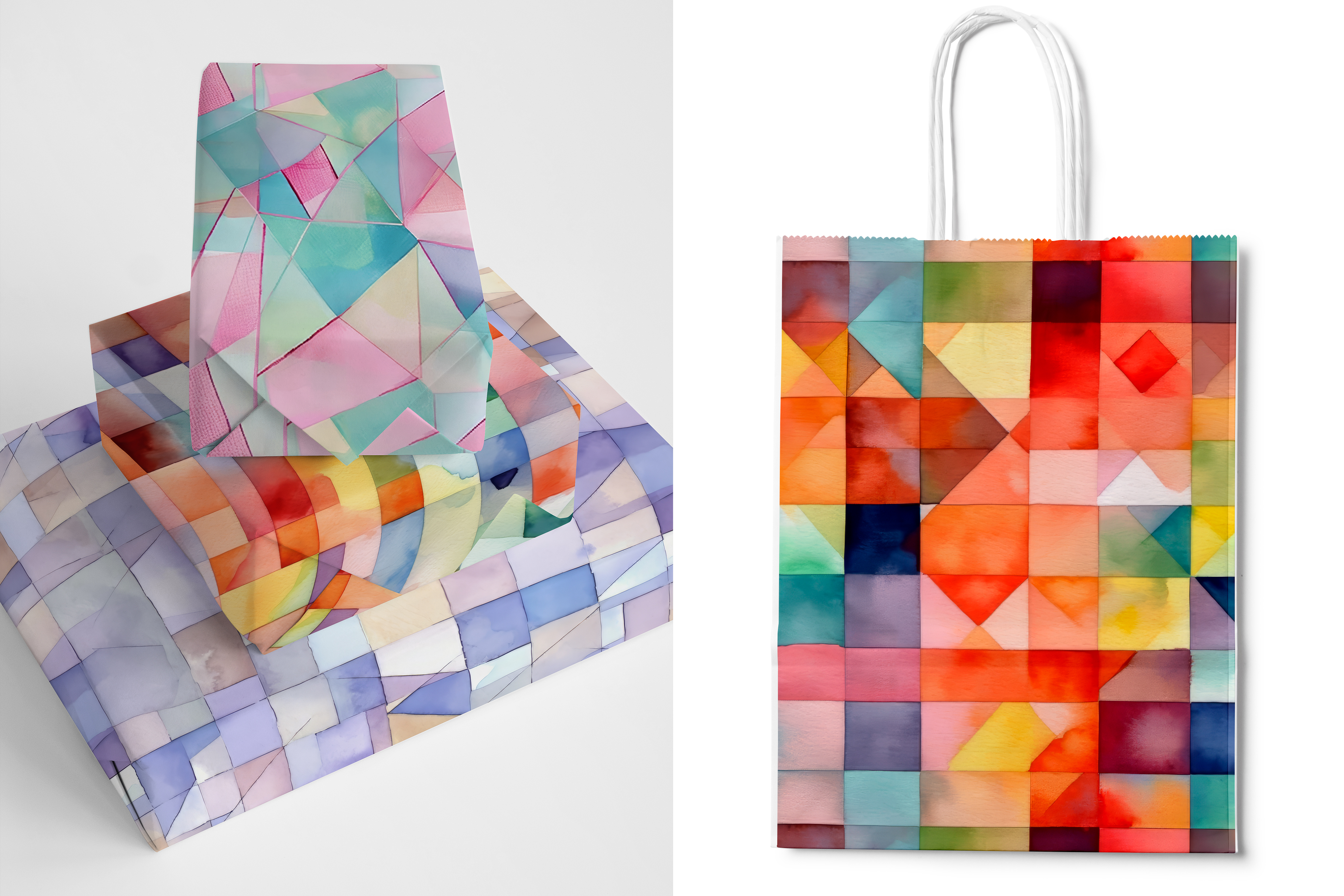 Geometric Mosaic: A set of 7 colorful geometric seamless patterns built from painterly mosaic blocks and angular shapes in vibrant jewel tones and soft pastels. - 11
