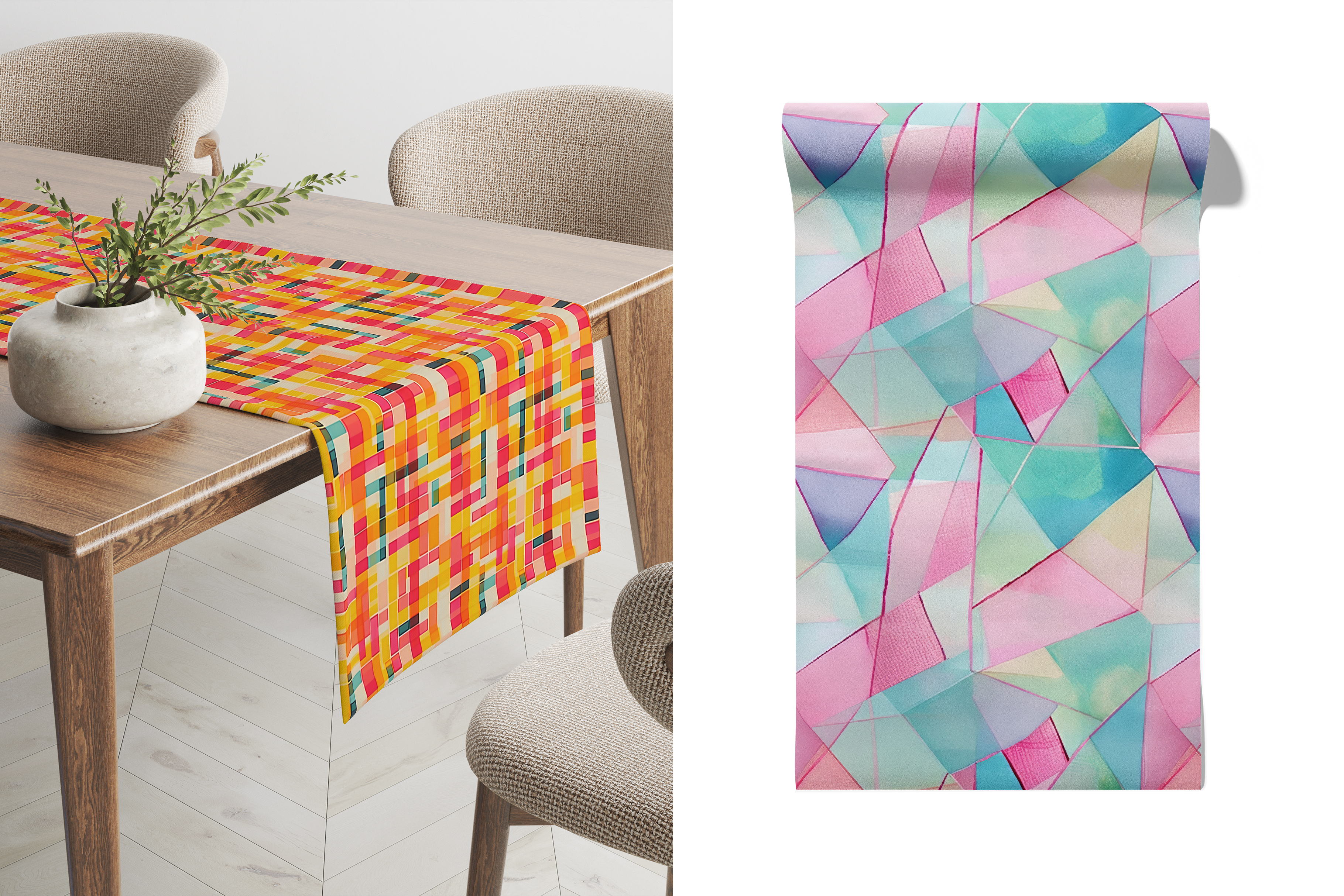 Geometric Mosaic: A set of 7 colorful geometric seamless patterns built from painterly mosaic blocks and angular shapes in vibrant jewel tones and soft pastels. - 4