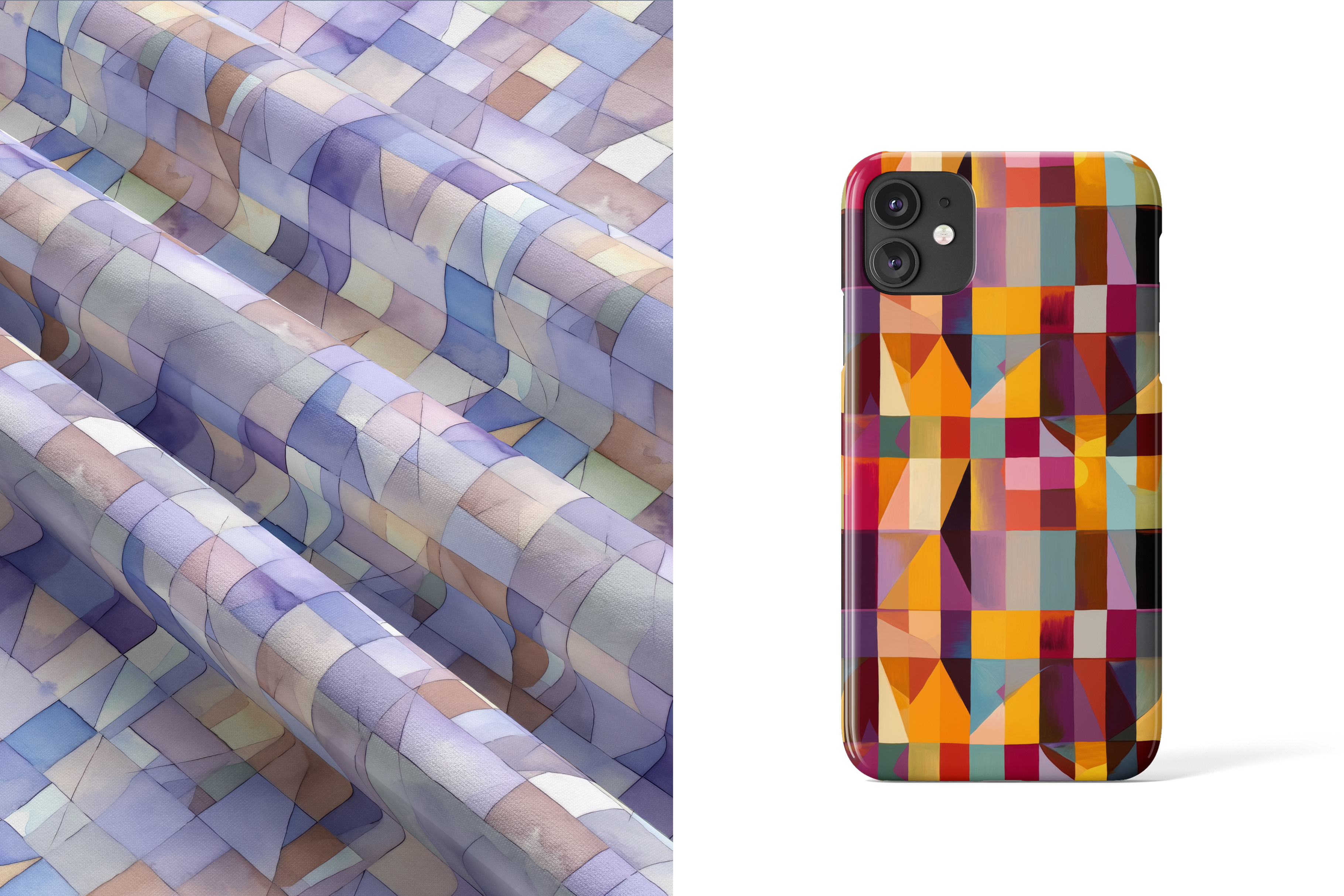 Geometric Mosaic: A set of 7 colorful geometric seamless patterns built from painterly mosaic blocks and angular shapes in vibrant jewel tones and soft pastels. - 5