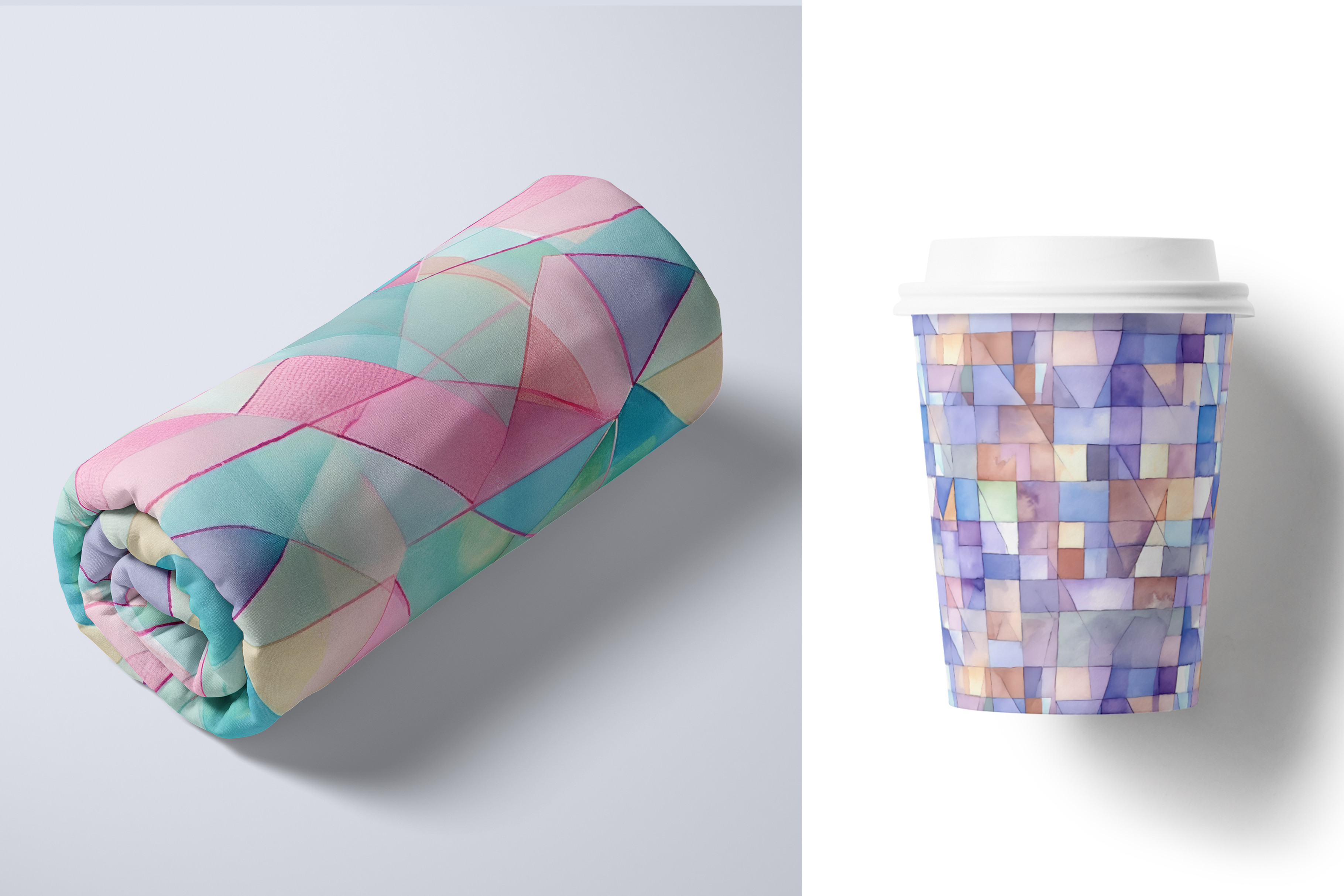 Geometric Mosaic: A set of 7 colorful geometric seamless patterns built from painterly mosaic blocks and angular shapes in vibrant jewel tones and soft pastels. - 6