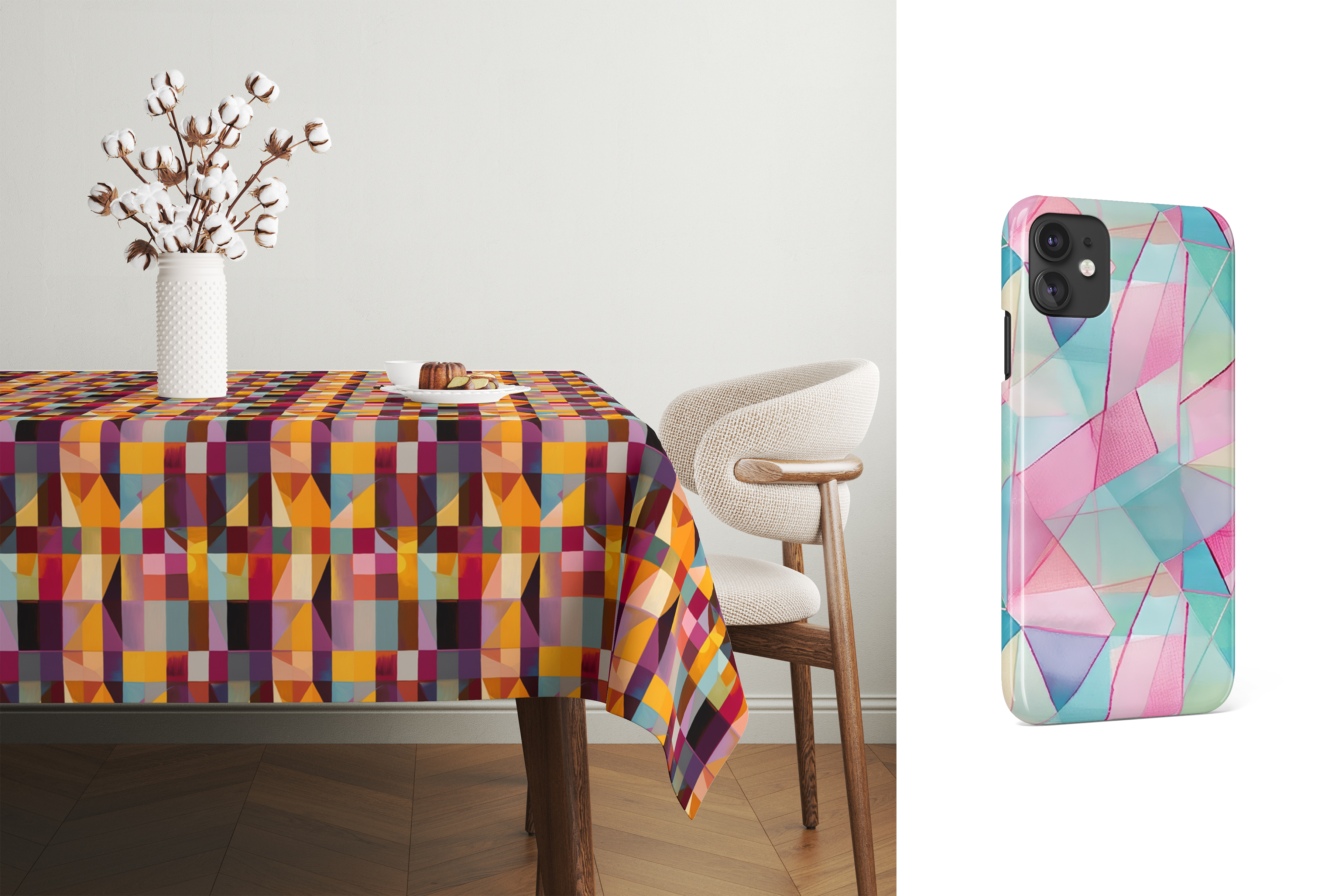 Geometric Mosaic: A set of 7 colorful geometric seamless patterns built from painterly mosaic blocks and angular shapes in vibrant jewel tones and soft pastels. - 7