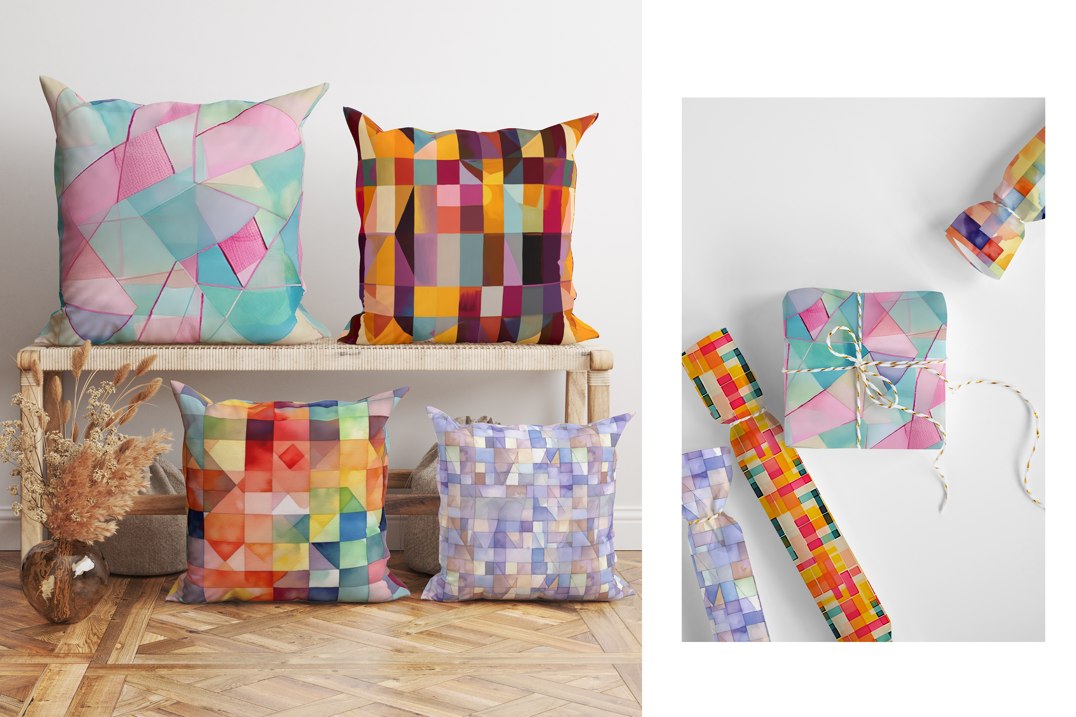 Geometric Mosaic: A set of 7 colorful geometric seamless patterns built from painterly mosaic blocks and angular shapes in vibrant jewel tones and soft pastels. - 9