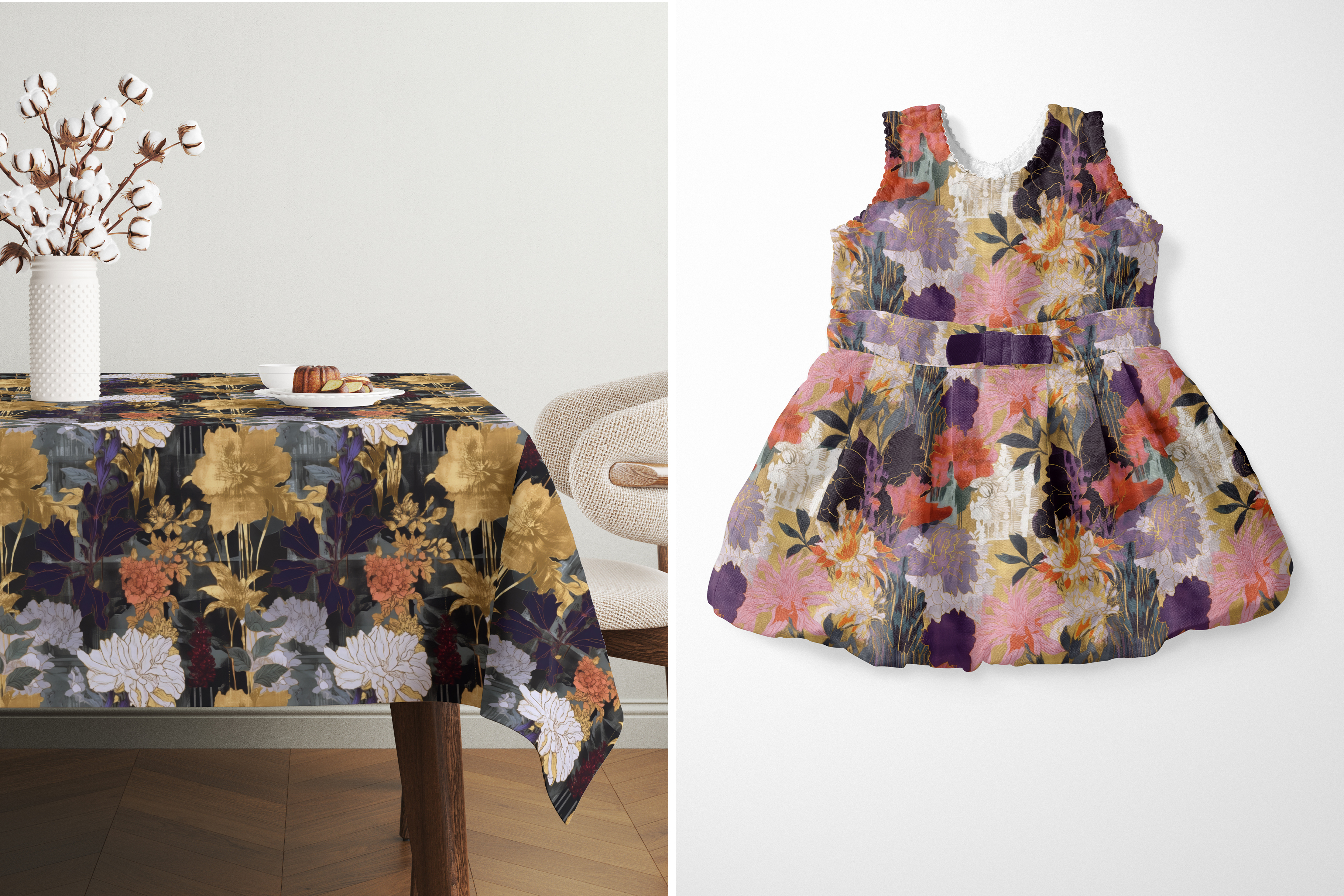 Floral Collage Set: A maximalist collection of 10 seamless floral collage patterns in moody jewel tones with gilded gold accents. - 17