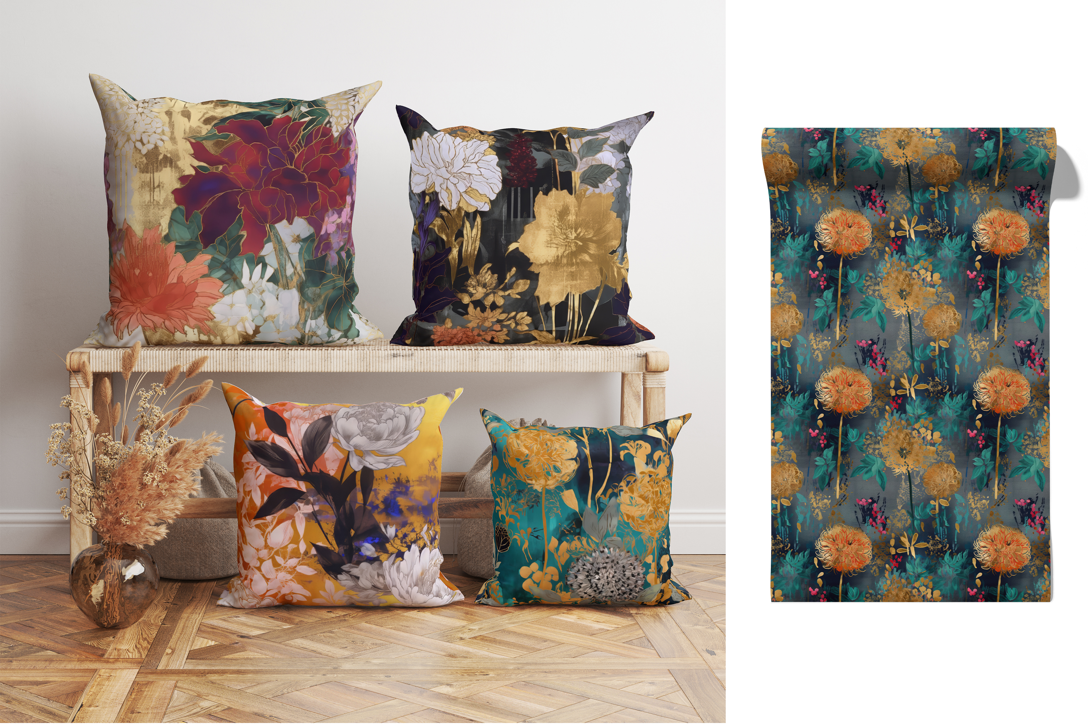 Floral Collage Set: A maximalist collection of 10 seamless floral collage patterns in moody jewel tones with gilded gold accents. - 18