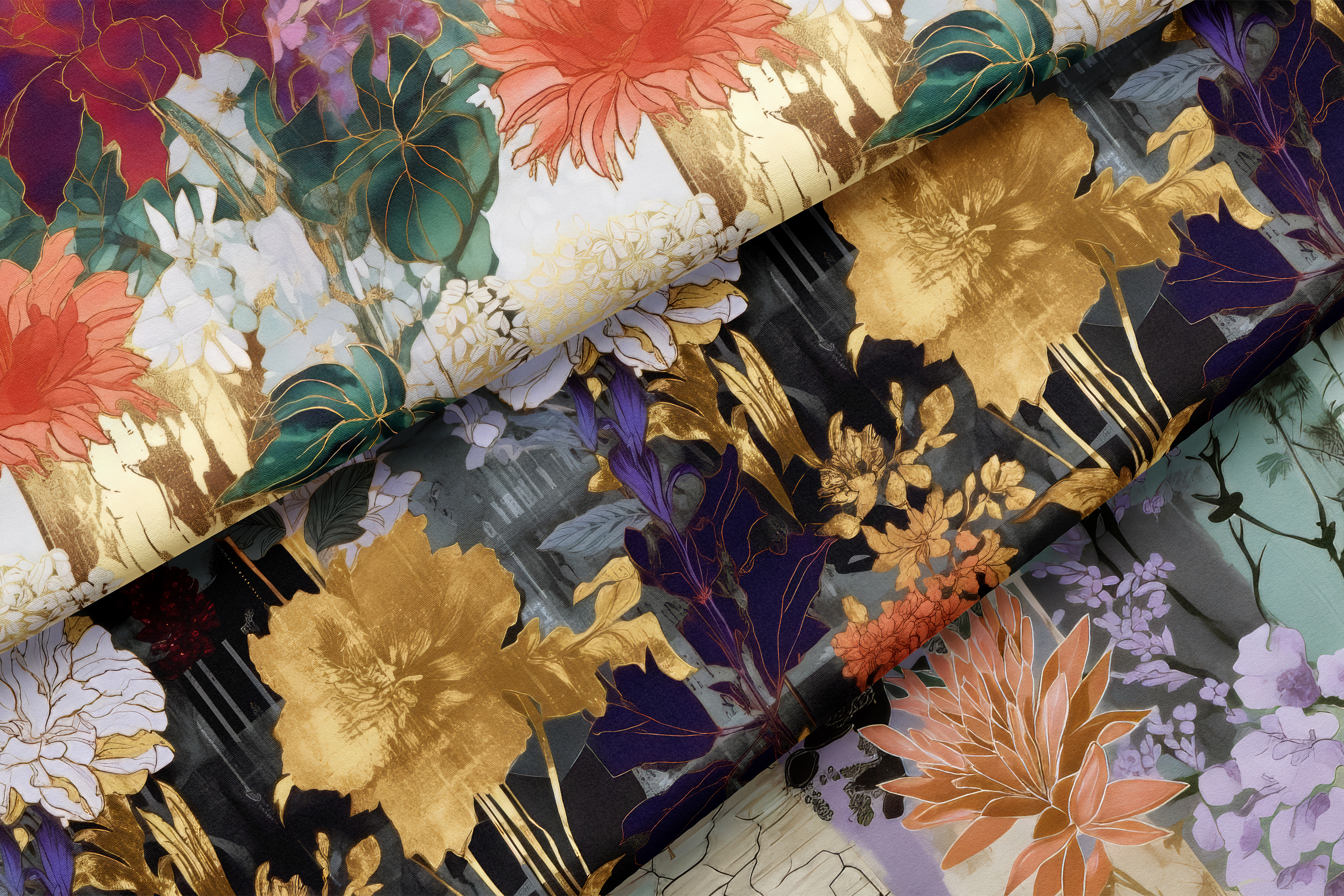 Floral Collage Set: A maximalist collection of 10 seamless floral collage patterns in moody jewel tones with gilded gold accents. - 5