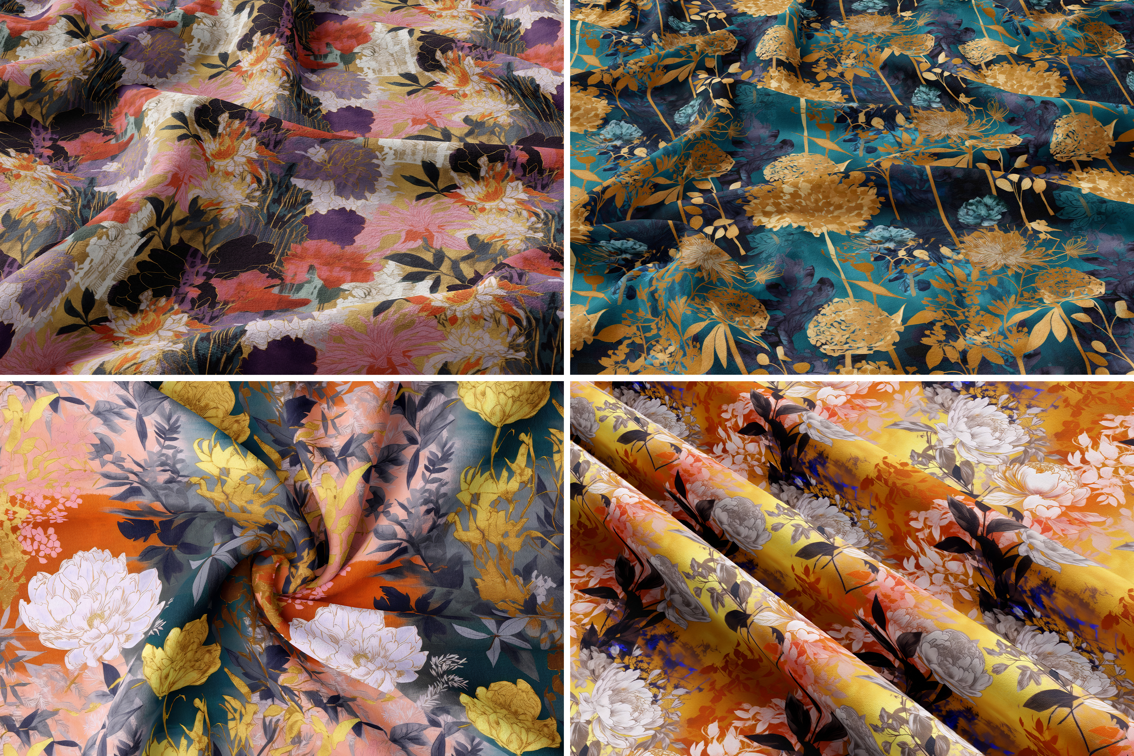 Floral Collage Set: A maximalist collection of 10 seamless floral collage patterns in moody jewel tones with gilded gold accents. - 8