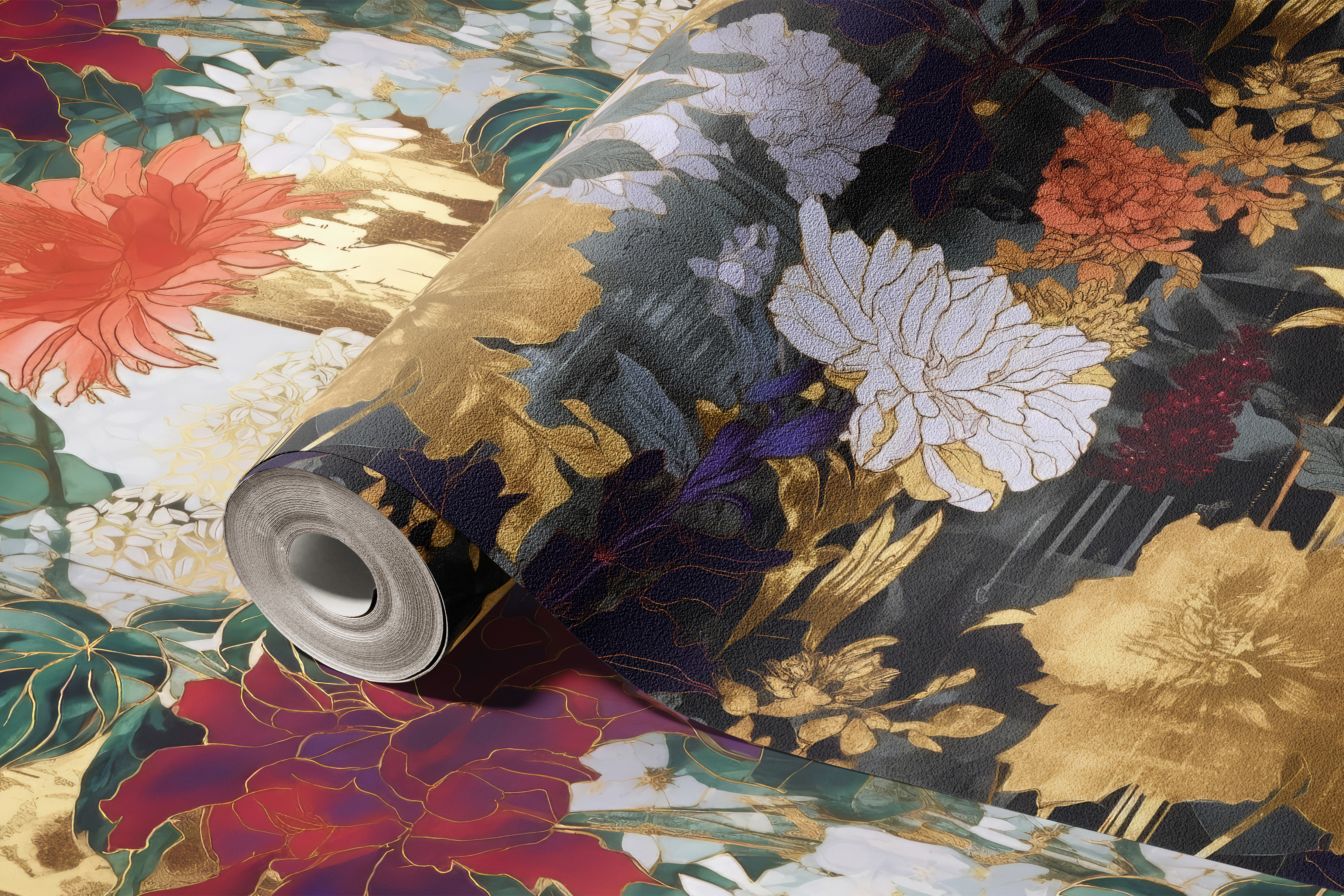Floral Collage Set: A maximalist collection of 10 seamless floral collage patterns in moody jewel tones with gilded gold accents. - 11