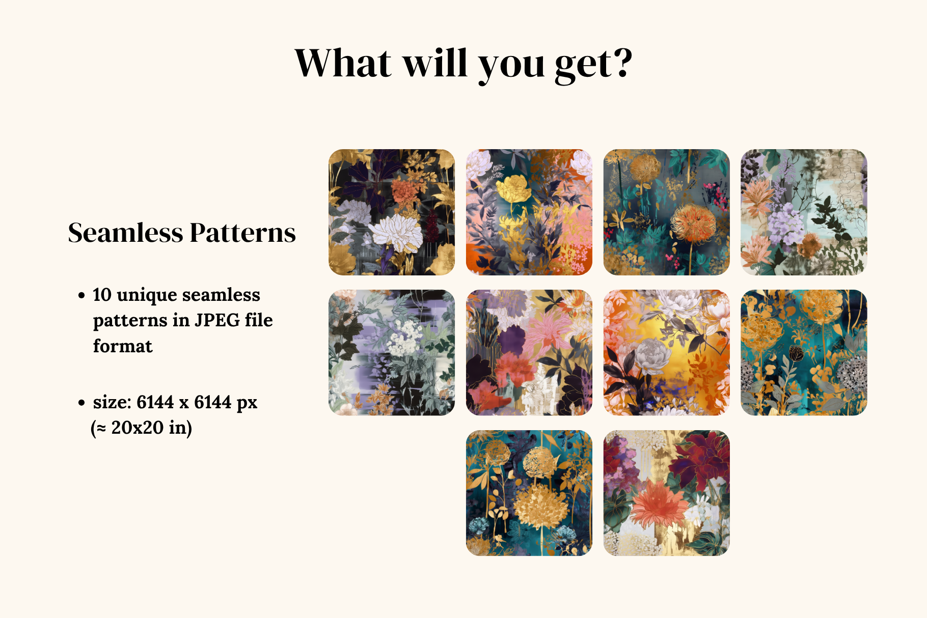 Floral Collage Set: A maximalist collection of 10 seamless floral collage patterns in moody jewel tones with gilded gold accents. - 2