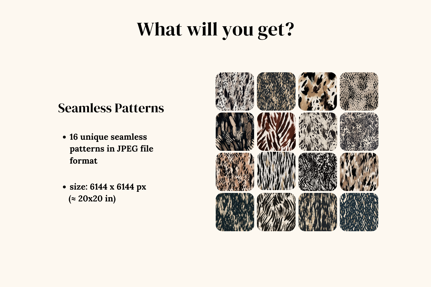 Animal Abstract Set - part 2: A neutral, modern collection of 16 abstract animal print seamless patterns: leopard, cheetah, cowhide, zebra, snake skin, and more, in a timeless palette of cre - 2