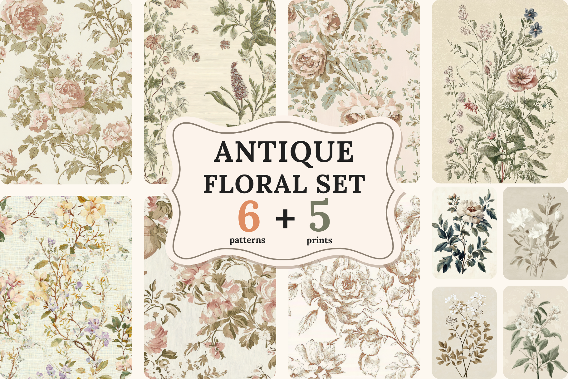Elegant Beige Botanical Set: A soft, neutral collection of 6 elegant beige botanical seamless patterns in a vintage, antique-inspired style. - image 1