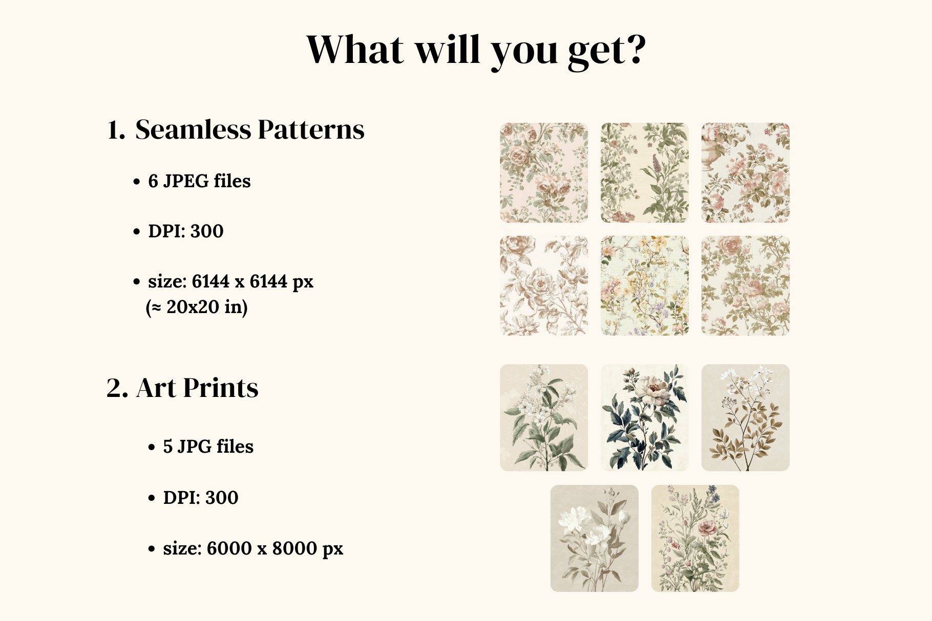 Elegant Beige Botanical Set: A soft, neutral collection of 6 elegant beige botanical seamless patterns in a vintage, antique-inspired style. - 5
