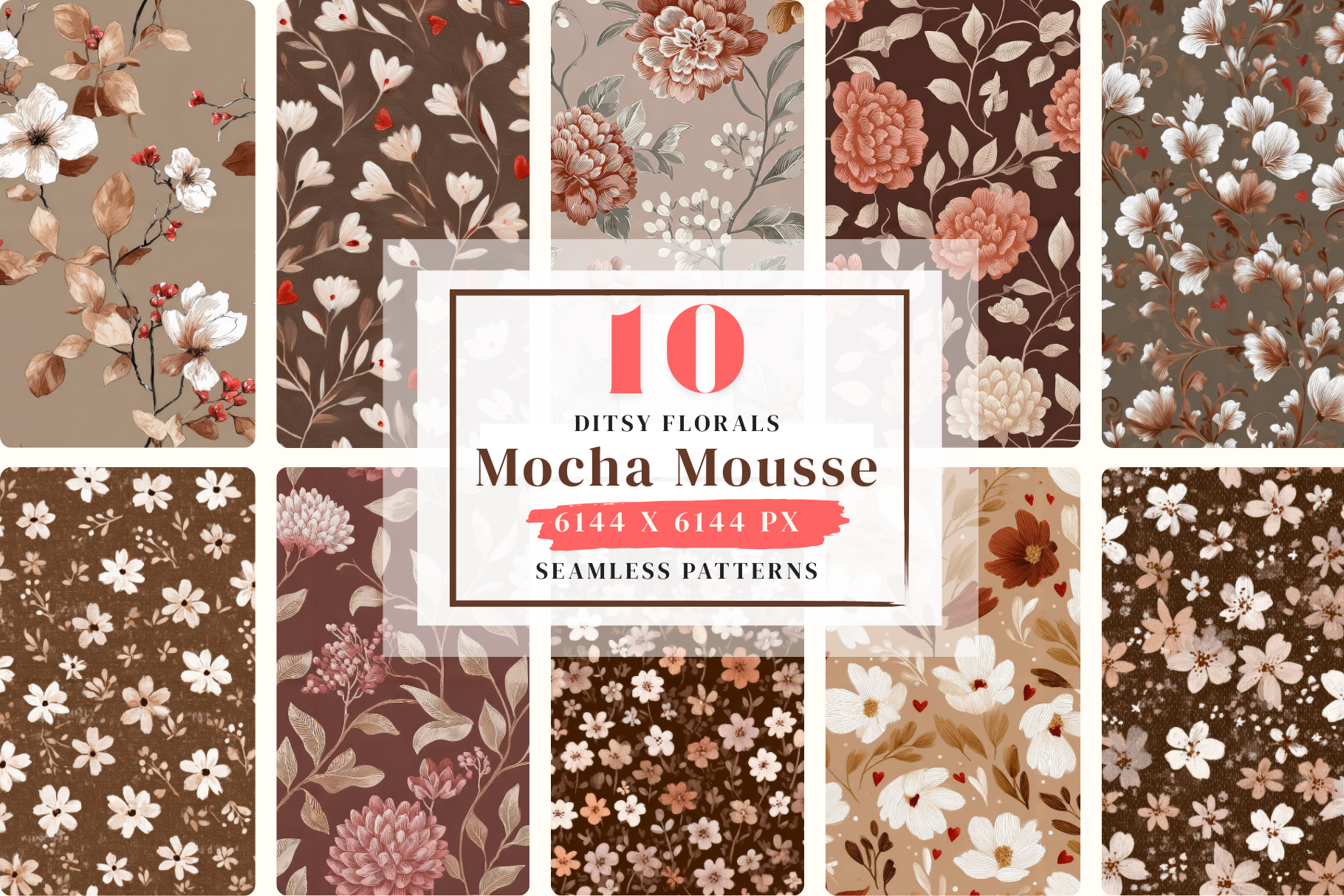 Ditsy Florals Mocha Mousse: A curated collection of 10 original ditsy florals mocha mousse seamless patterns. - image 1
