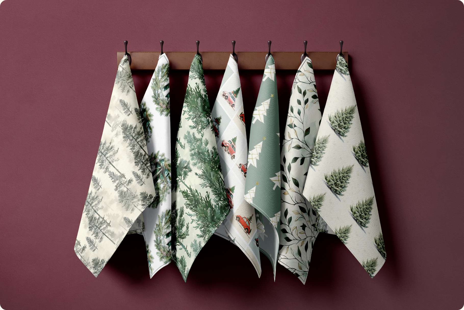 Elegant Christmas Set: A collection of 13 original Christmas seamless patterns, from soft winter forests and pine sprigs to a retro red car print and delicate gold trees. - image 10