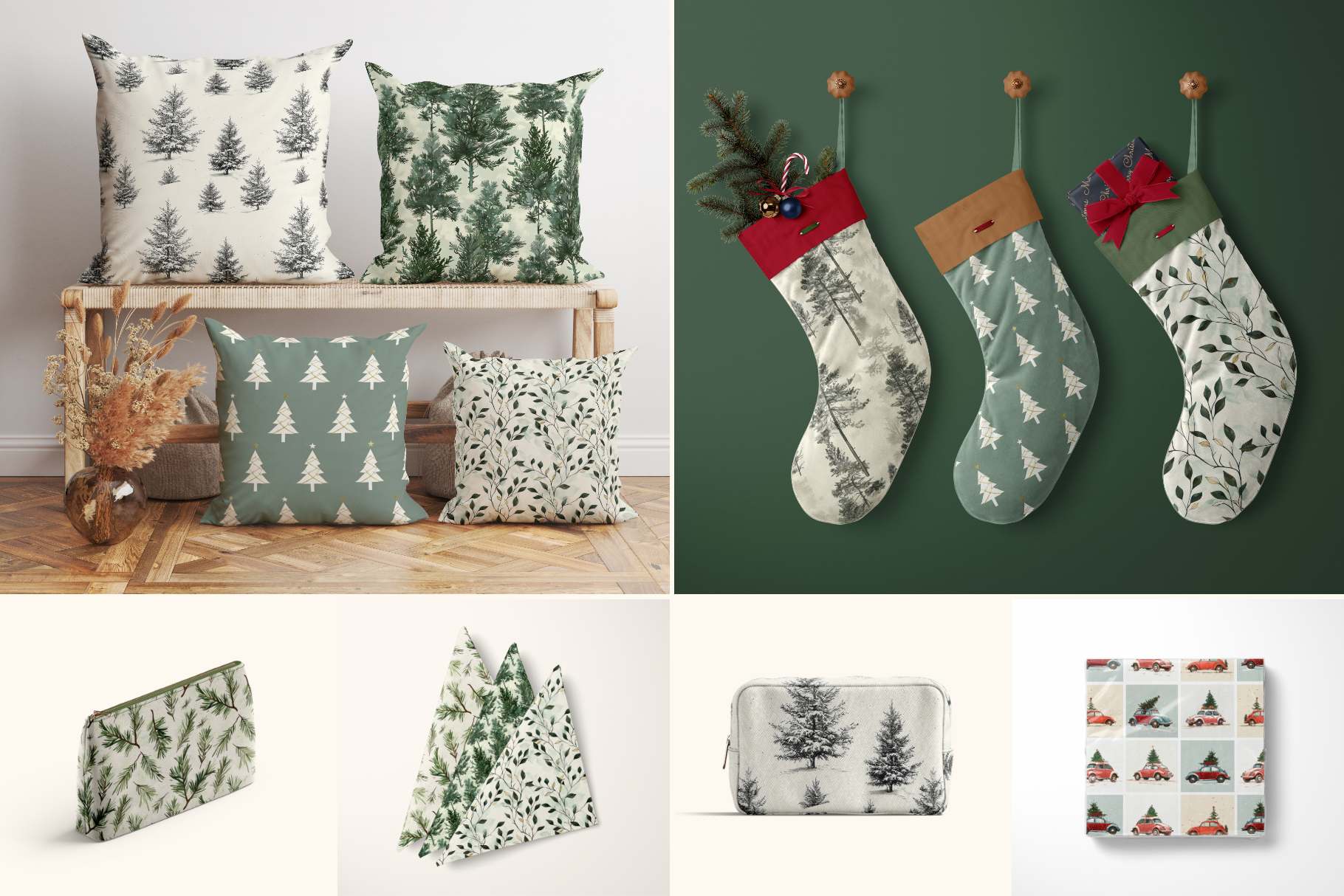 Elegant Christmas Set: A collection of 13 original Christmas seamless patterns, from soft winter forests and pine sprigs to a retro red car print and delicate gold trees. - image 5
