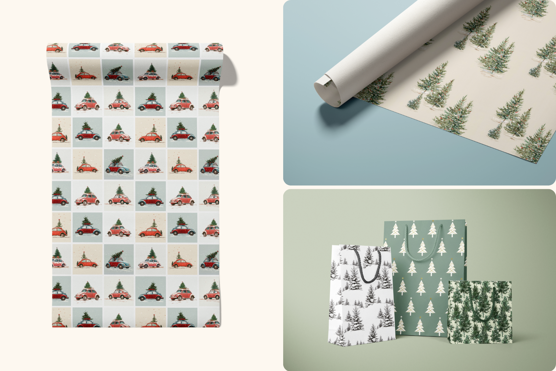 Elegant Christmas Set: A collection of 13 original Christmas seamless patterns, from soft winter forests and pine sprigs to a retro red car print and delicate gold trees. - image 9