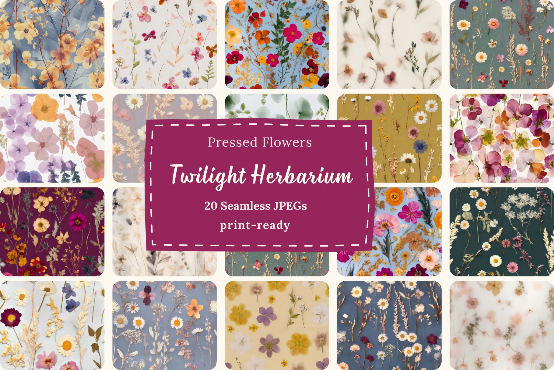 Twilight Herbarium Pressed Florals: A curated collection of 20 original twilight herbarium pressed florals seamless patterns. - image 1