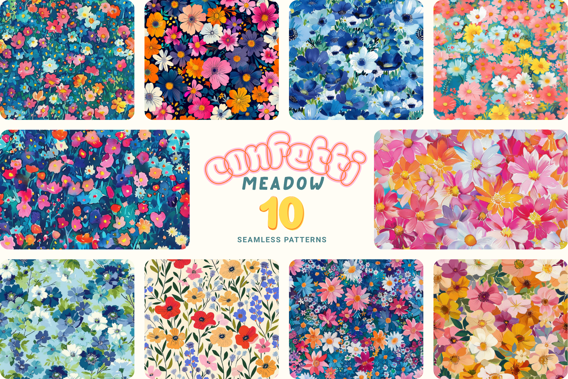 Confetti Meadow Painted Florals: Confetti Meadow is a set of 10 densely packed painted floral seamless patterns. - image 1