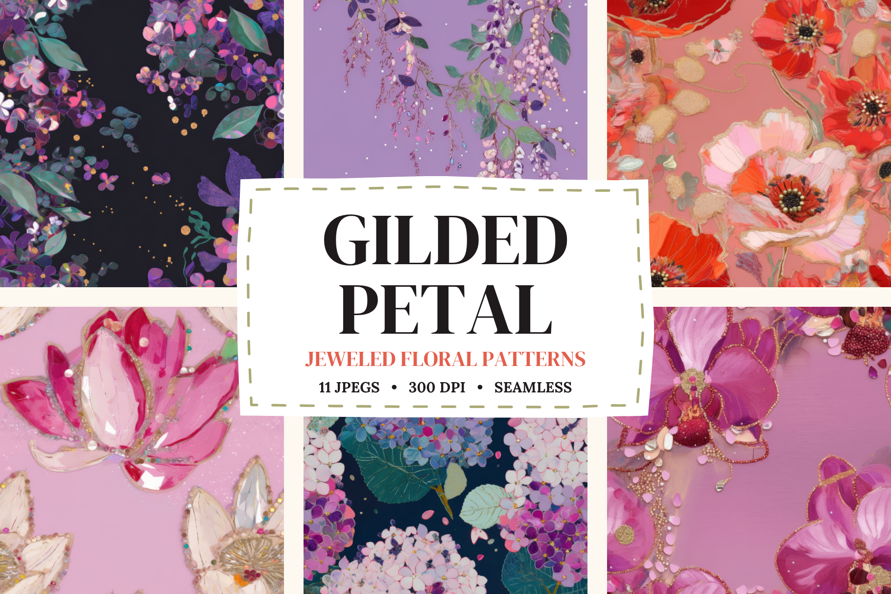 Gilded Petal Jeweled Florals: Gilded Petal is a set of 11 jeweled floral seamless patterns. - image 1
