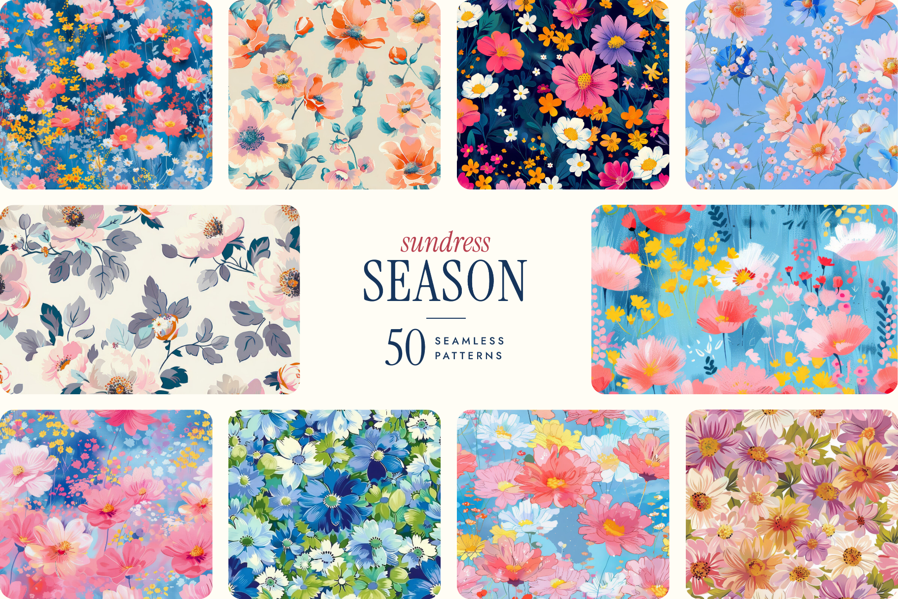 Sundress Season Painterly Florals: A curated collection of 50 original sundress season painterly florals seamless patterns. - image 1