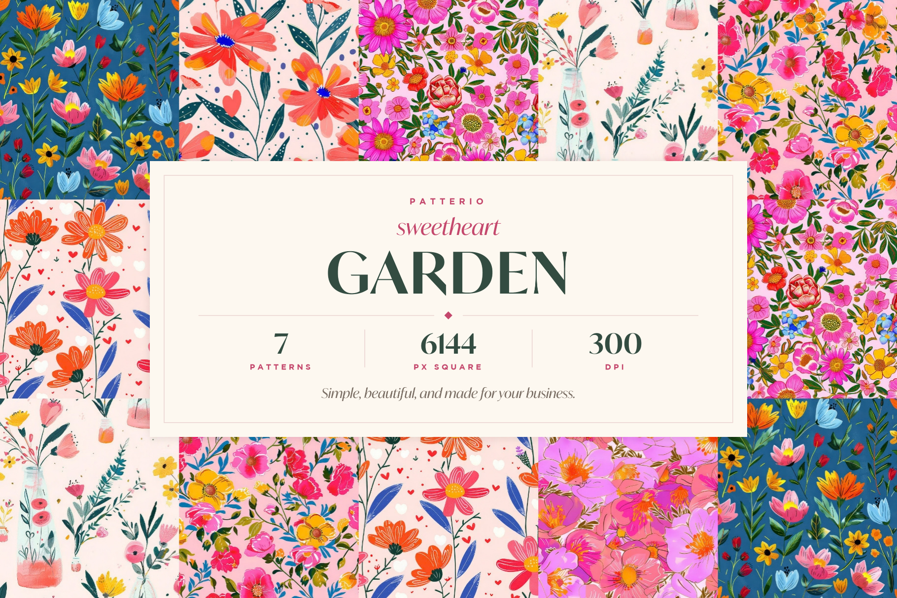 Sweetheart Garden Folk Florals: A curated collection of 7 original sweetheart garden folk florals seamless patterns. - image 1