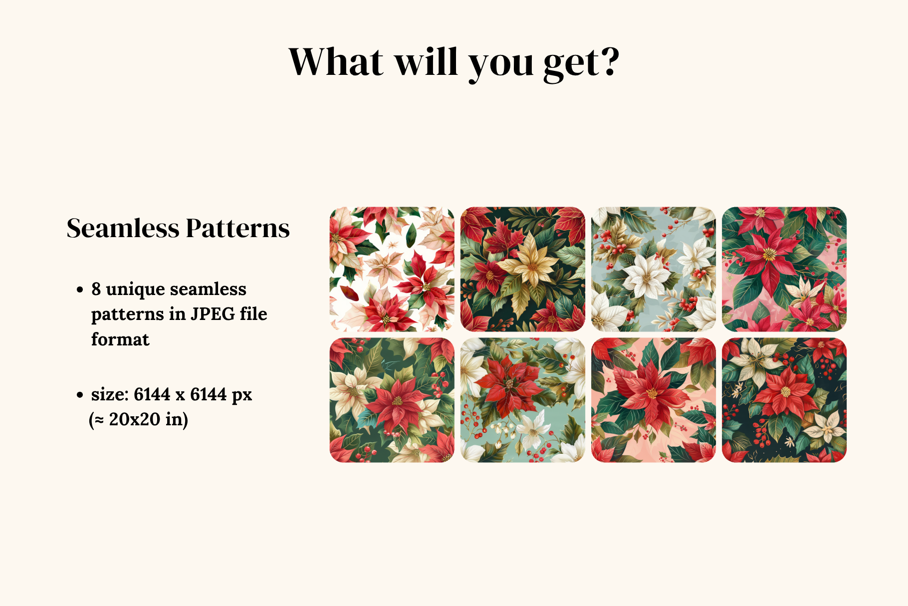 Christmas Poinsettia Patterns: A curated collection of 8 original Christmas poinsettia seamless patterns. - image 2