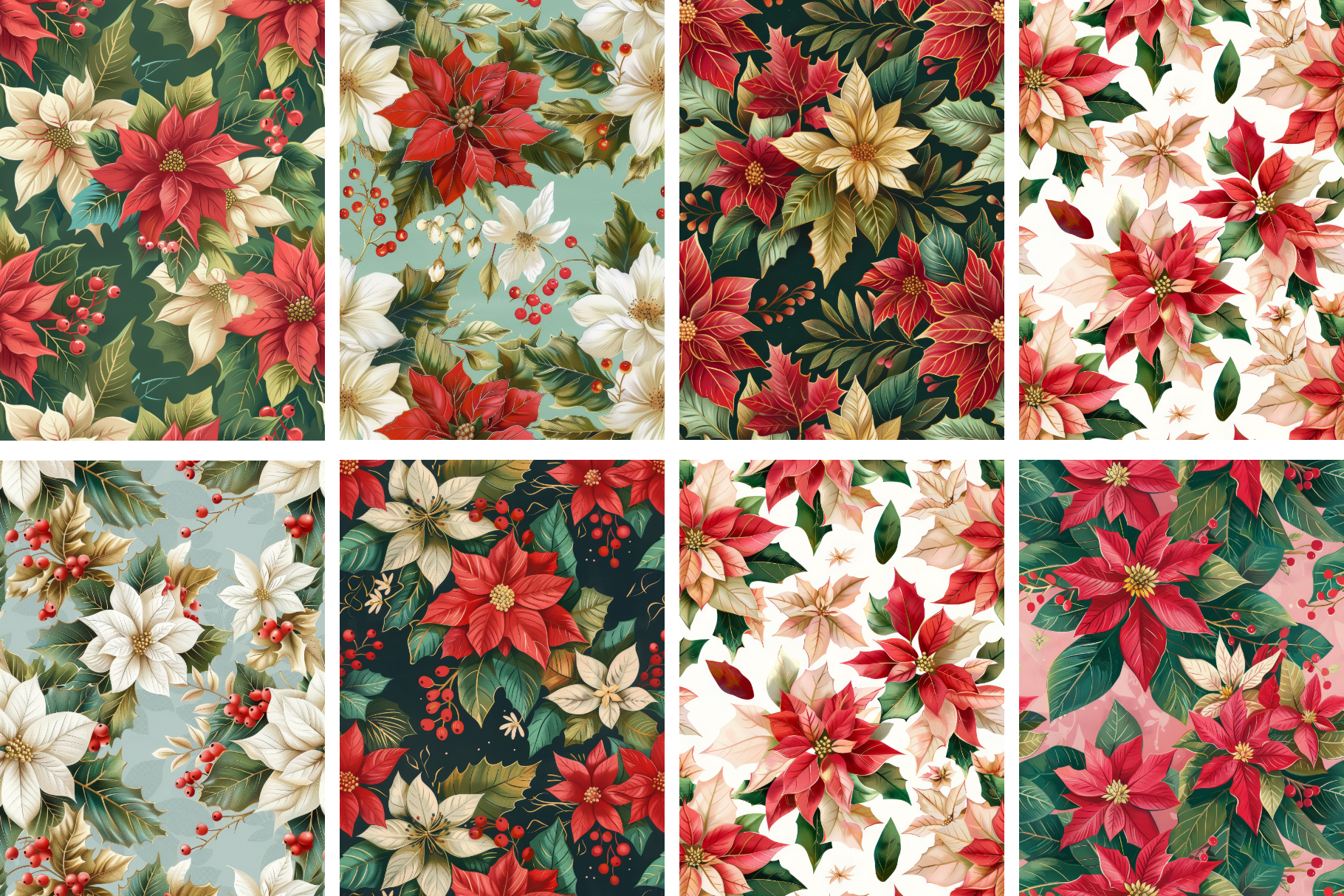 Christmas Poinsettia Patterns: A curated collection of 8 original Christmas poinsettia seamless patterns. - image 6