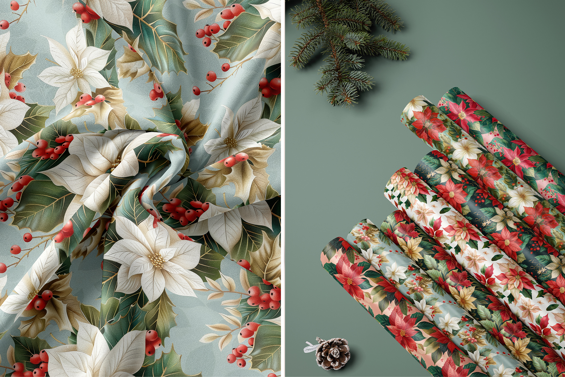Christmas Poinsettia Patterns: A curated collection of 8 original Christmas poinsettia seamless patterns. - image 7