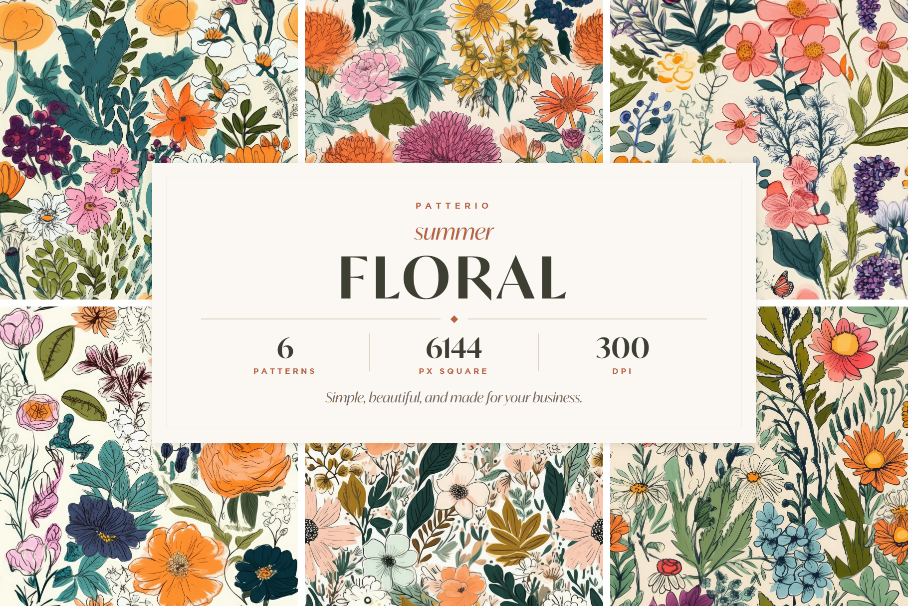 Summer Floral Patterns: A curated collection of 6 original summer floral seamless patterns. - image 1