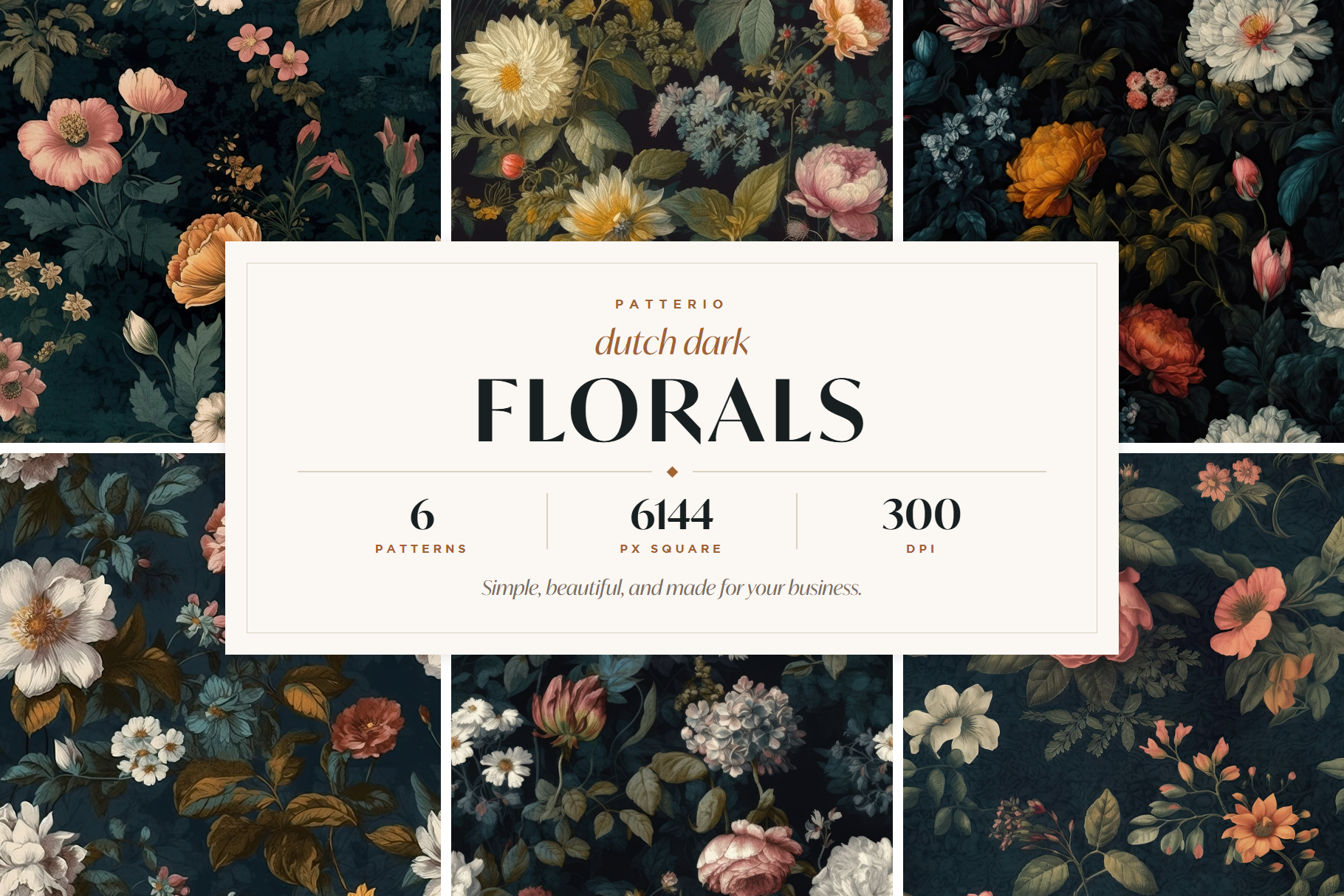 Dutch Dark Floral Patterns: A curated collection of 6 original dutch dark floral seamless patterns. - image 1