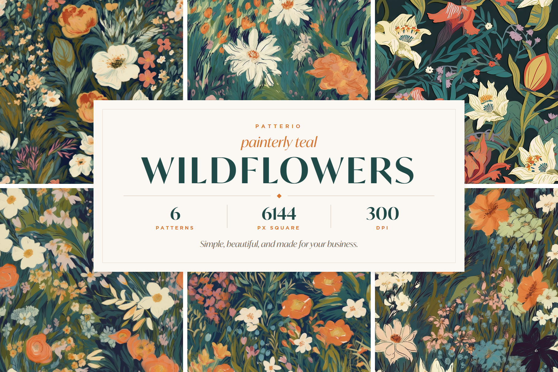 Painterly Teal Wildflower Patterns: A curated collection of 6 original painterly teal wildflower seamless patterns. - image 1