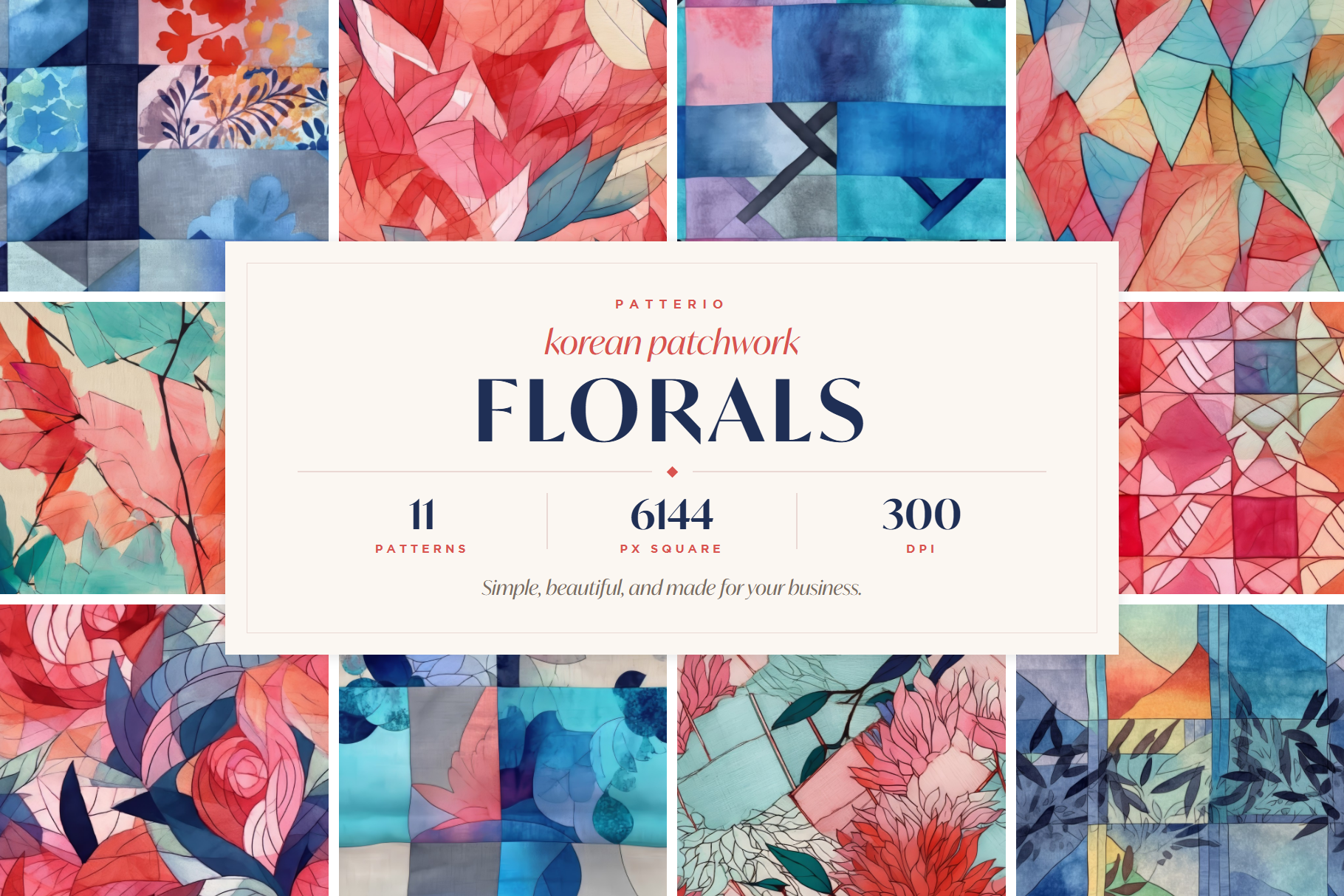 Korean Patchwork Floral Patterns: A curated collection of 11 original korean patchwork floral seamless patterns. - image 1