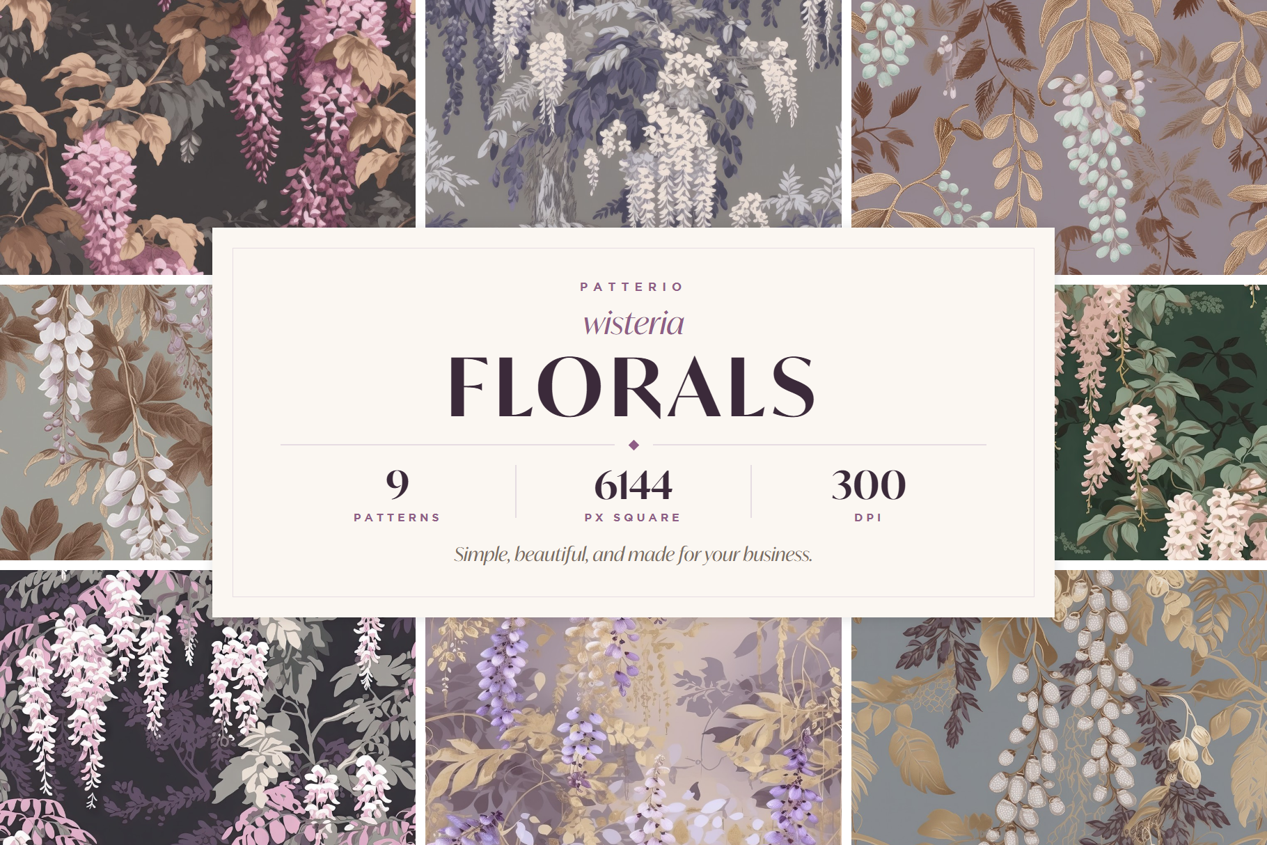Wisteria Floral Patterns: A curated collection of 9 original wisteria floral seamless patterns. - image 1