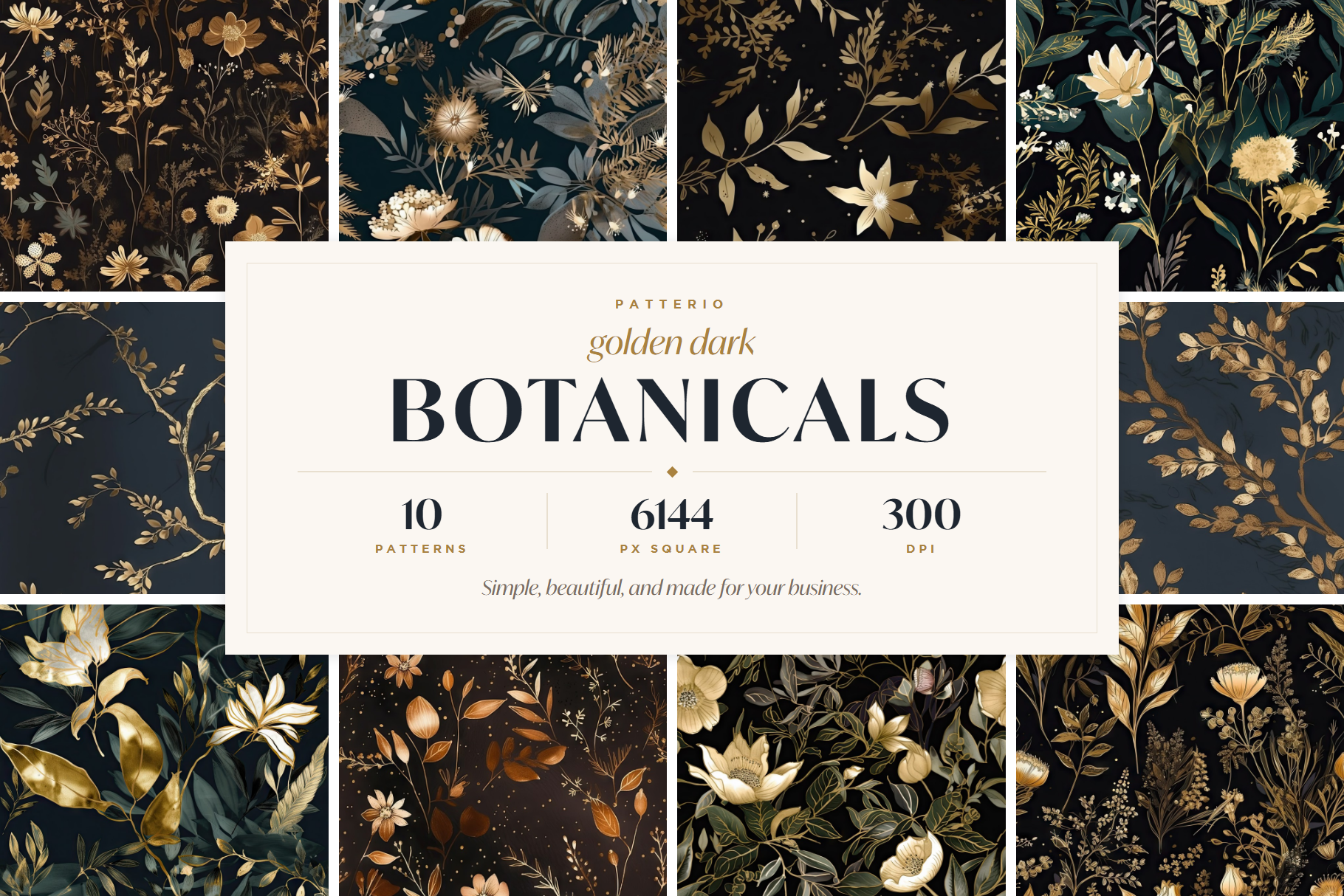 Golden Dark Botanical Patterns: A curated collection of 10 original golden dark botanical seamless patterns. - image 1