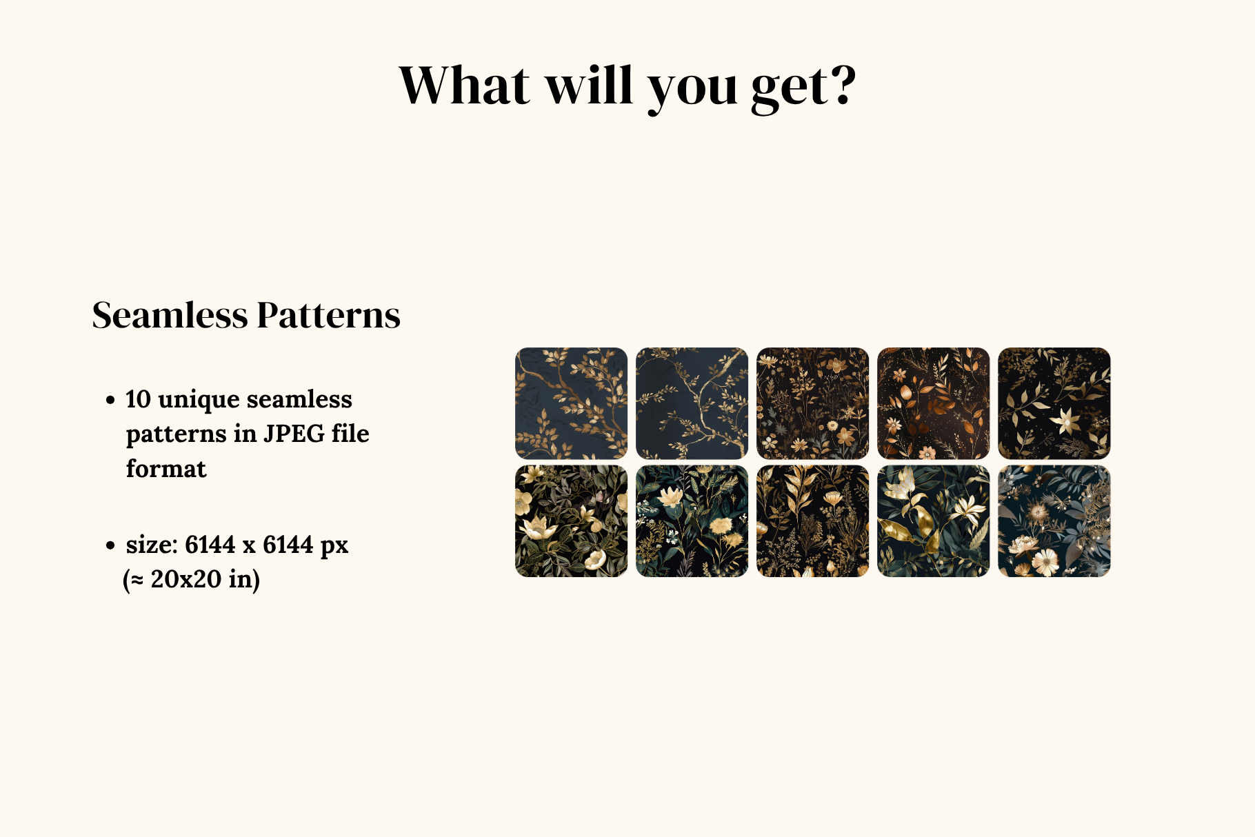 Golden Dark Botanical Patterns: A curated collection of 10 original golden dark botanical seamless patterns. - image 2
