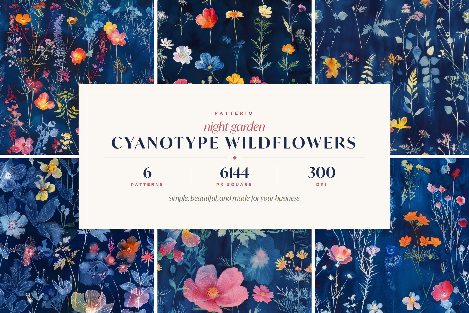 Night Garden Cyanotype Wildflowers: A curated collection of 6 original night garden cyanotype wildflower seamless patterns, with pale blue pressed ferns and bright coral, pink and yellow blooms on - image 1