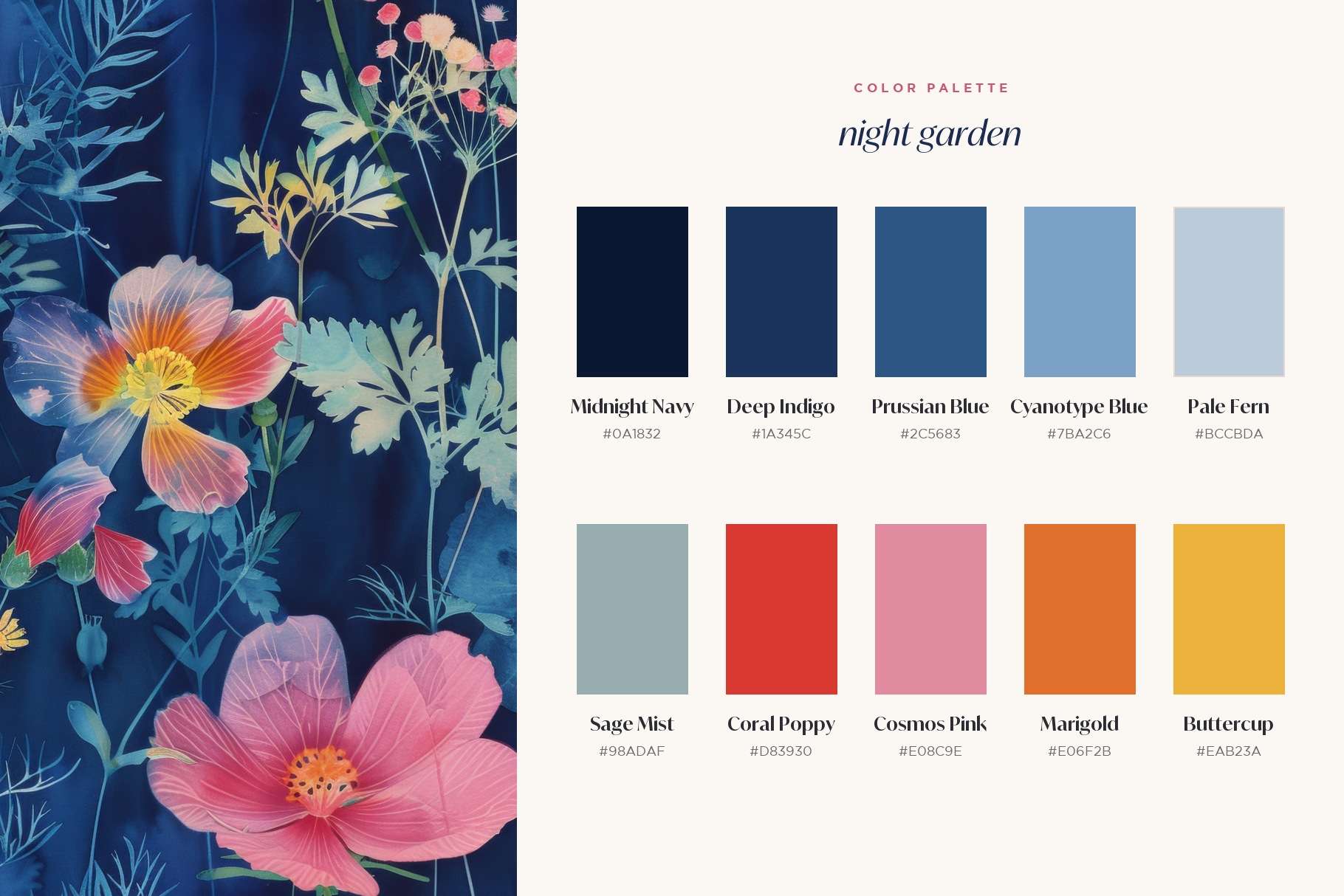 Night Garden Cyanotype Wildflowers: A curated collection of 6 original night garden cyanotype wildflower seamless patterns, with pale blue pressed ferns and bright coral, pink and yellow blooms on - image 10