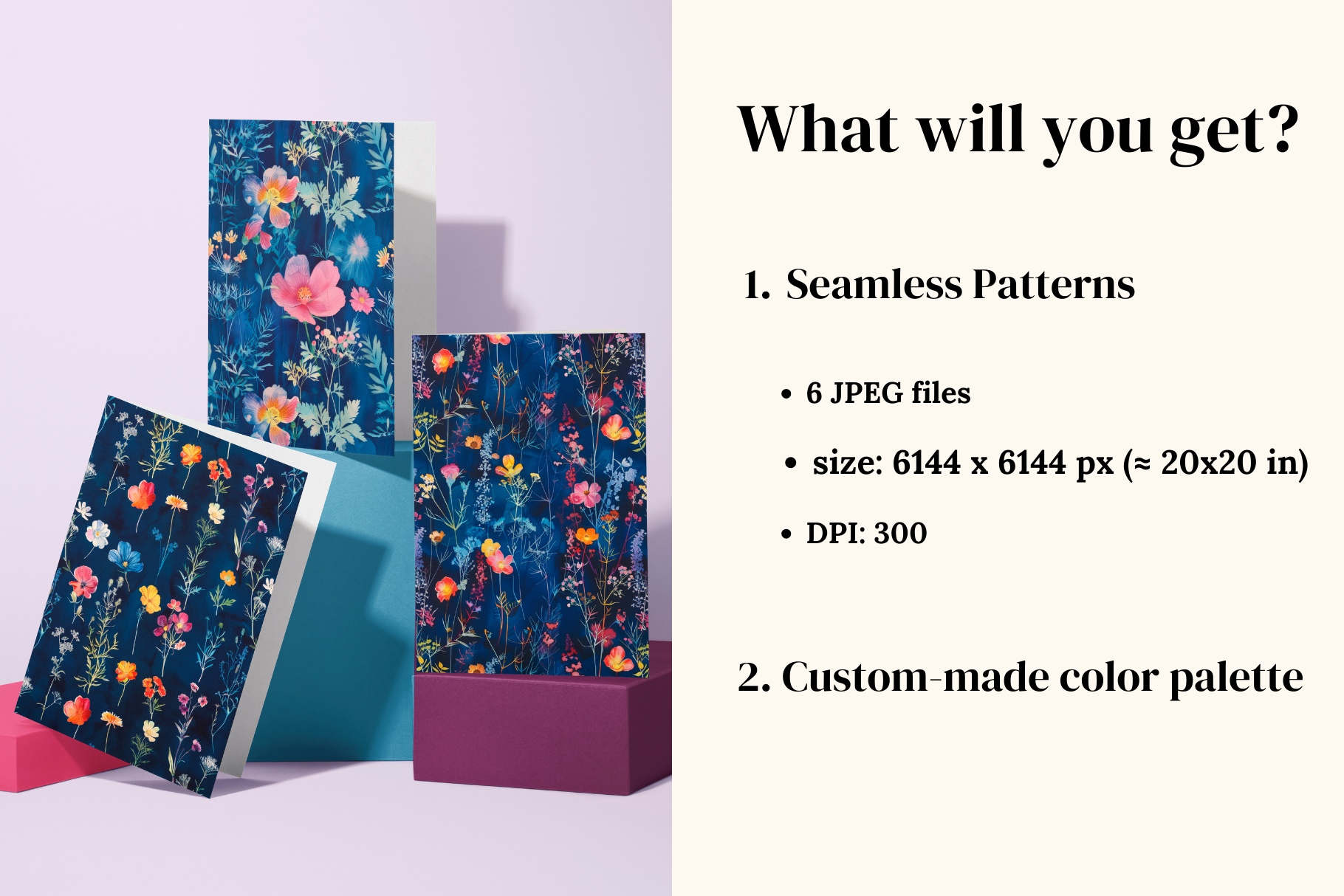 Night Garden Cyanotype Wildflowers: A curated collection of 6 original night garden cyanotype wildflower seamless patterns, with pale blue pressed ferns and bright coral, pink and yellow blooms on - image 2