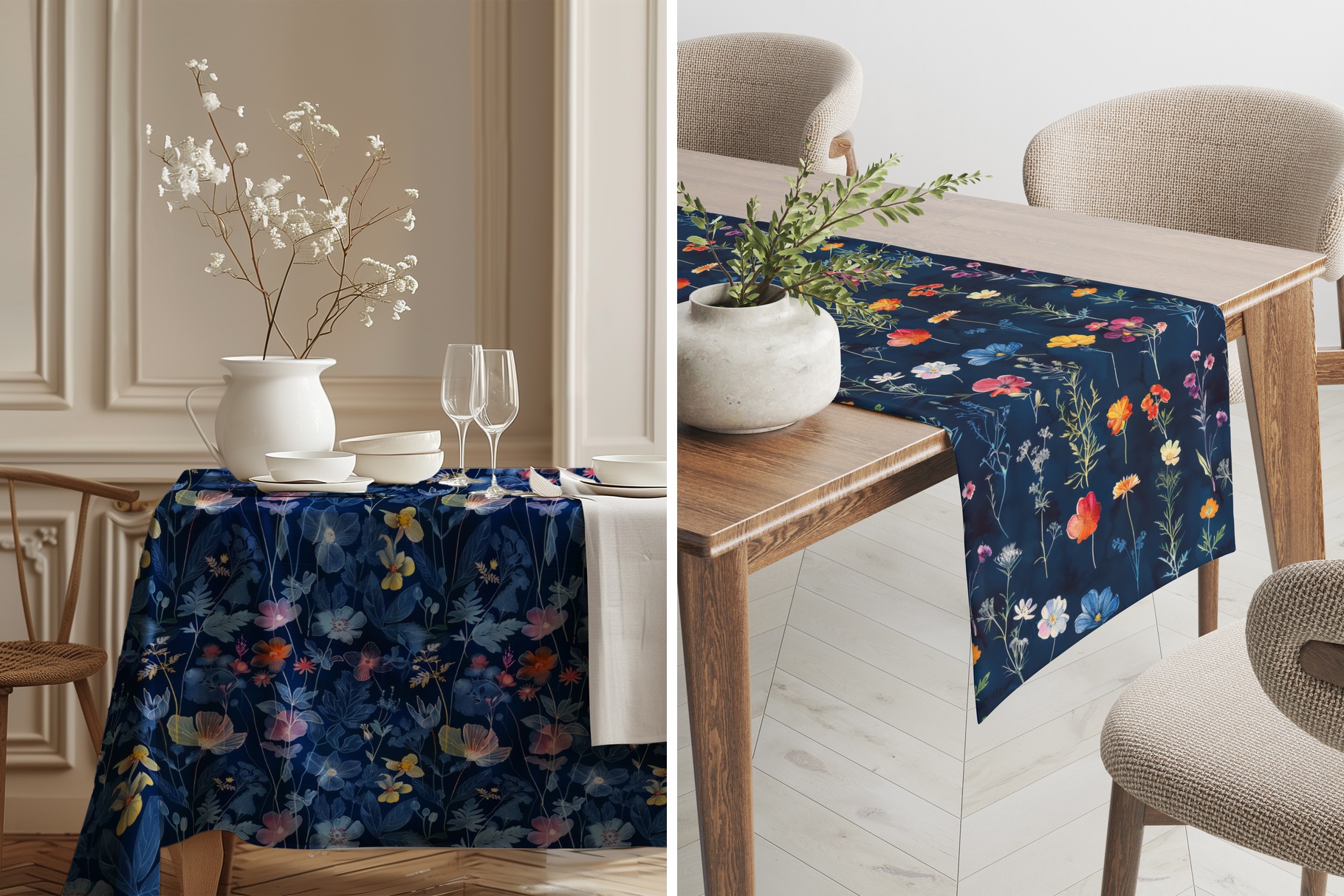 Night Garden Cyanotype Wildflowers: A curated collection of 6 original night garden cyanotype wildflower seamless patterns, with pale blue pressed ferns and bright coral, pink and yellow blooms on - image 5